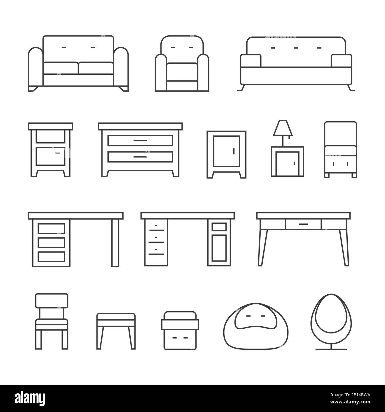 Icônes de ligne de meubles de salon définies pour l'intérieur de la pièce, illustration vectorielle Illustration de Vecteur