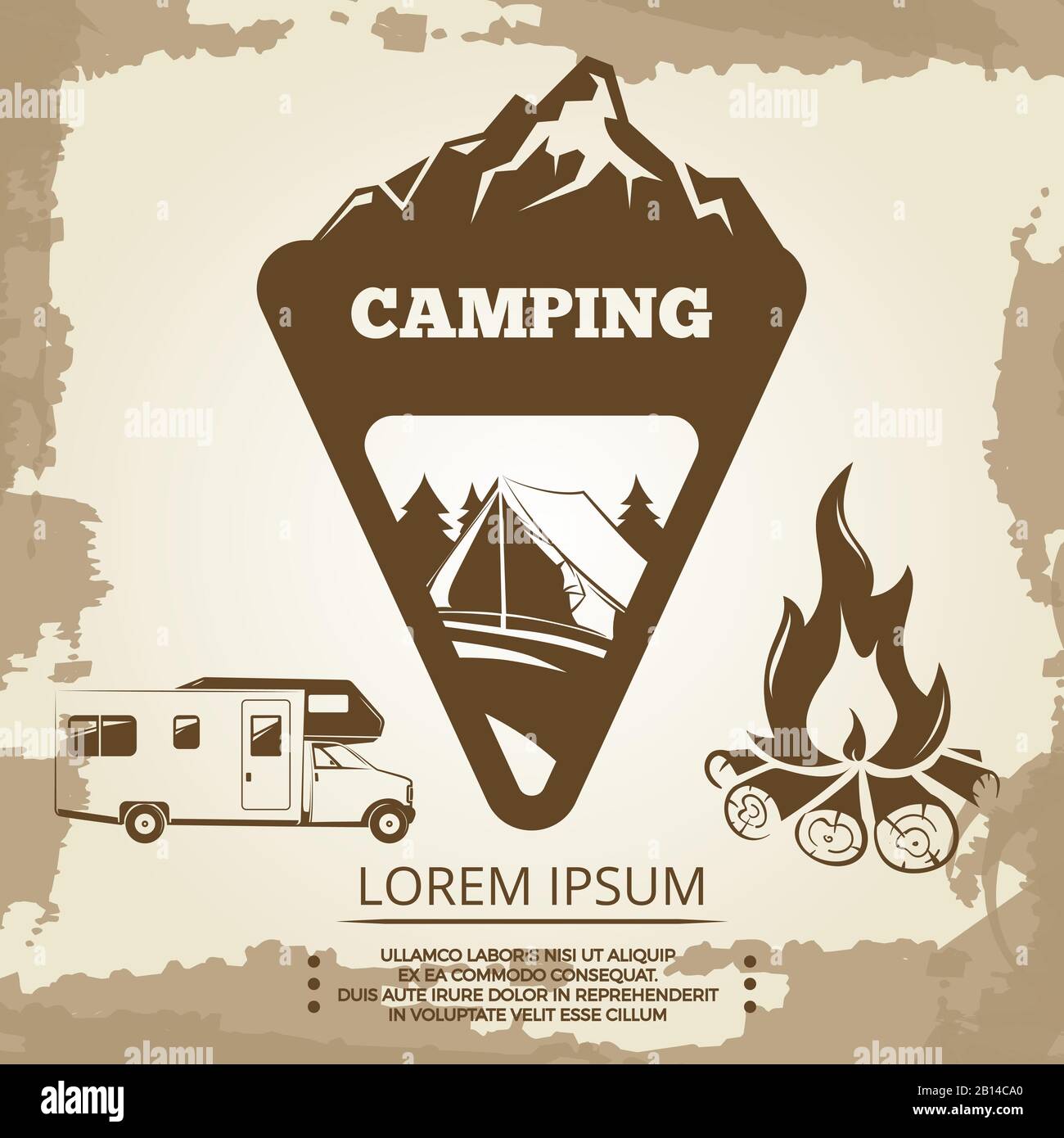 Étiquette de camping, feu de camp et bus de voyage sur fond vintage. Illustration vectorielle Illustration de Vecteur