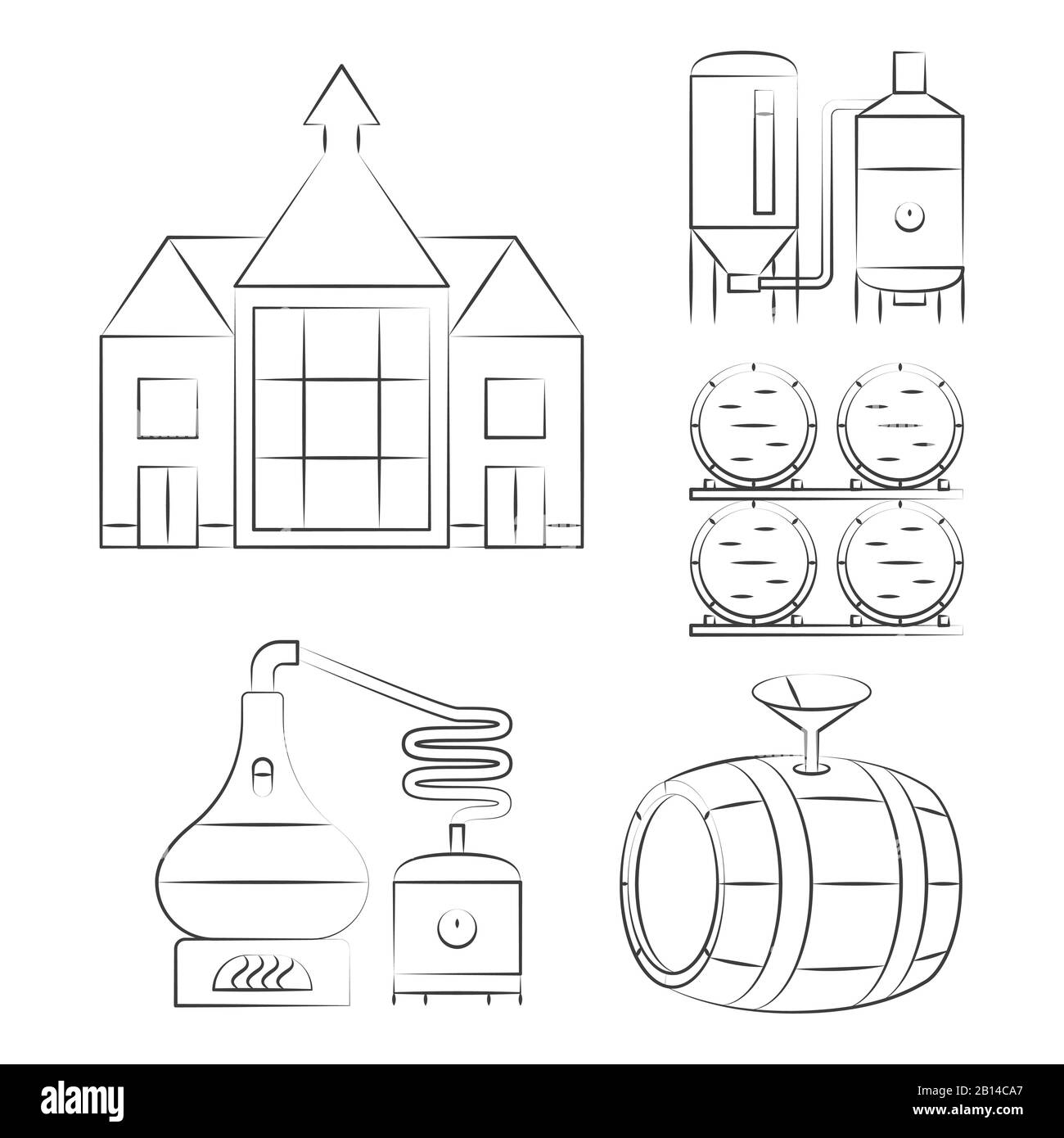 Icônes de la ligne fine de whisky - grandes lignes des logos de processus de whisky. Illustration vectorielle Illustration de Vecteur