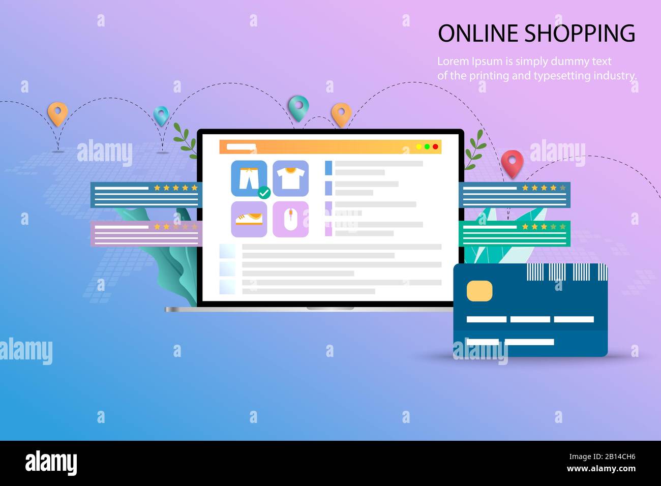 Concept d'achats en ligne, l'affichage de la liste des produits, la description, la notation des clients et les avis. La carte de crédit est à l'avant. Illustration de Vecteur