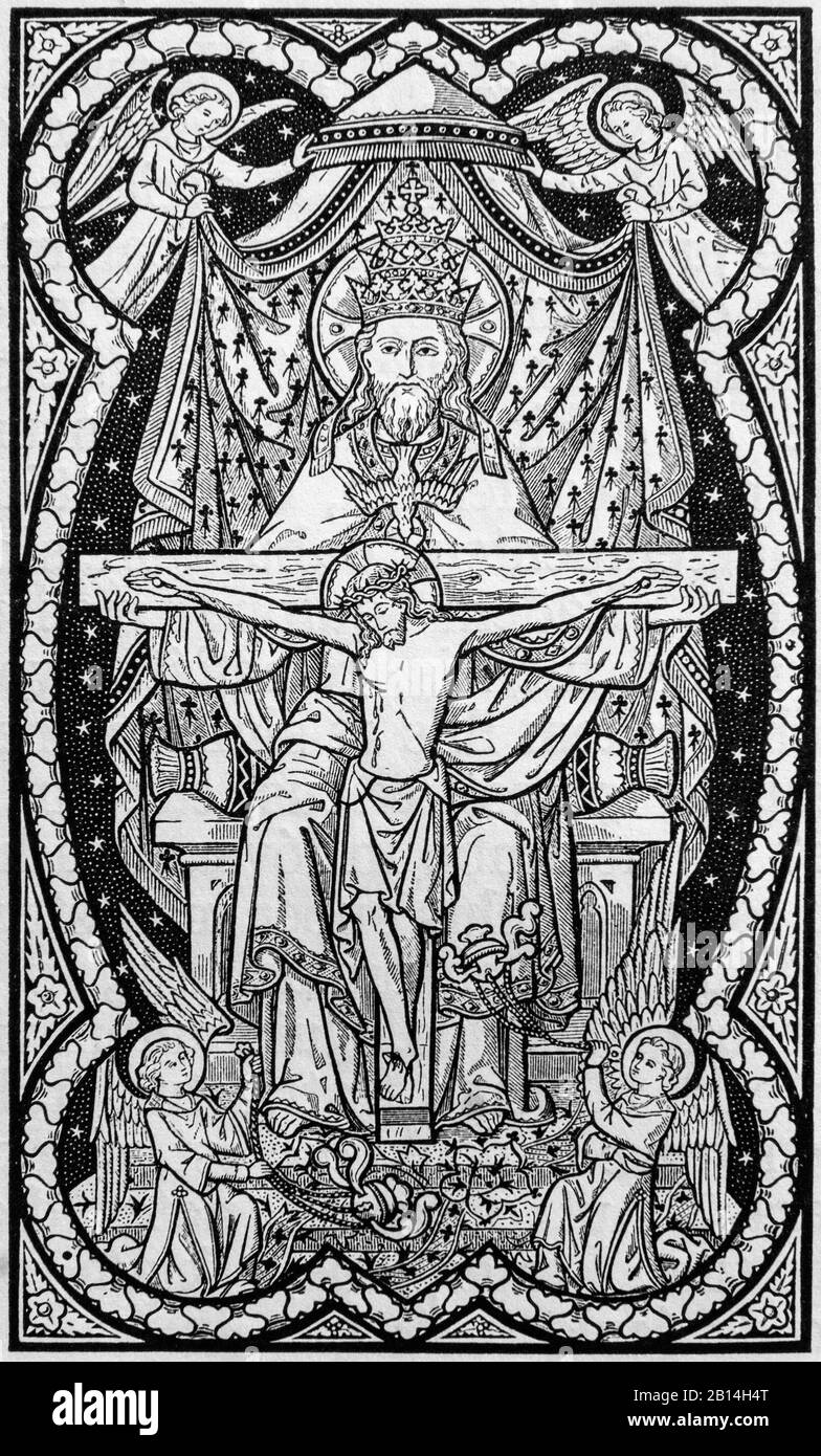 Bratislava, SLOVAQUIE, NOVEMBRE - 11, 2010: La lithographie de la Sainte Trinité dans l'ancien livre liturgique de fin de 19. Cent. Banque D'Images