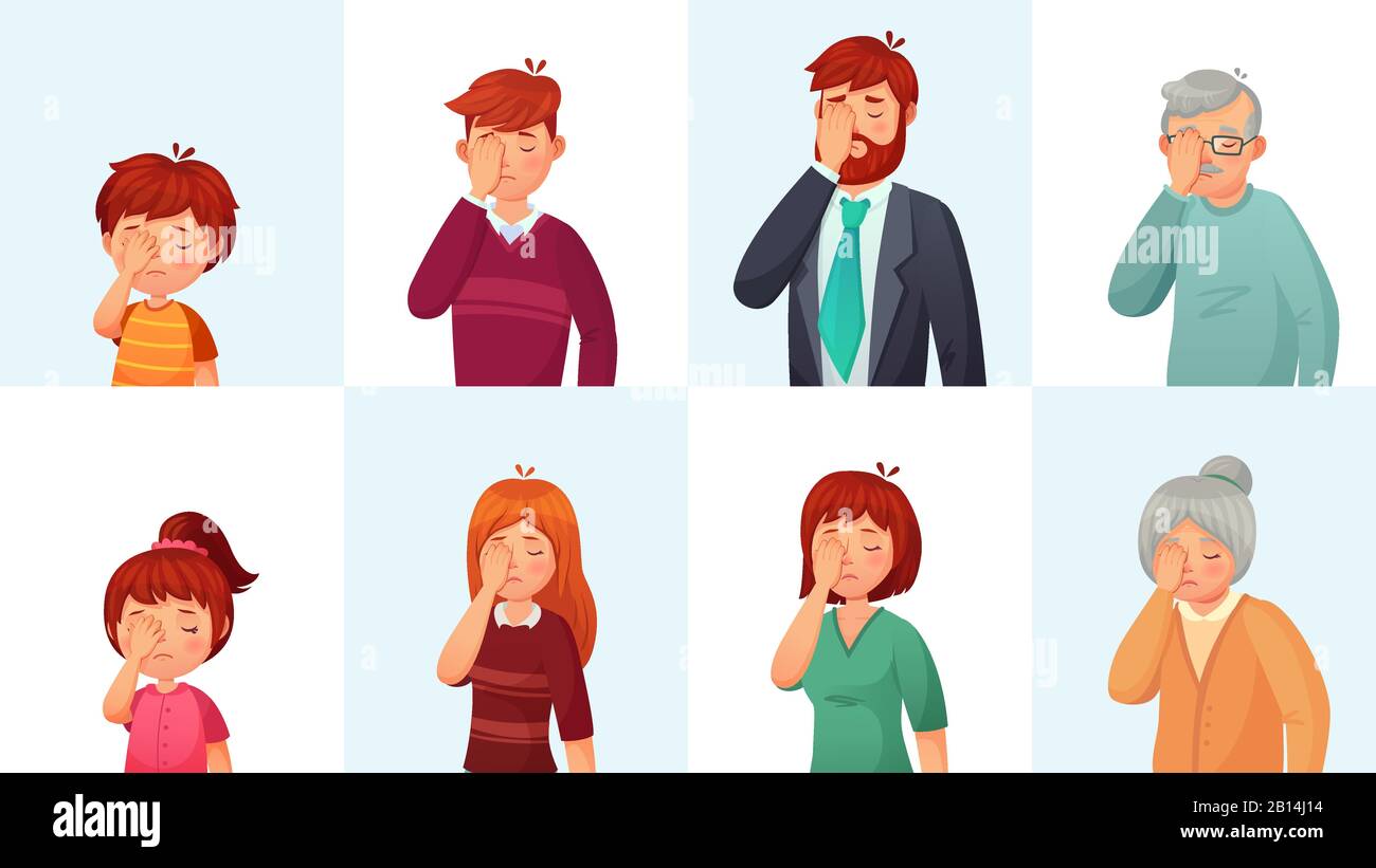 Geste de Facepalm. Les gens déçus embarrassaient les visages, cachent le visage derrière la paume et les gestes de honte illustration vectorielle de dessin animé Illustration de Vecteur