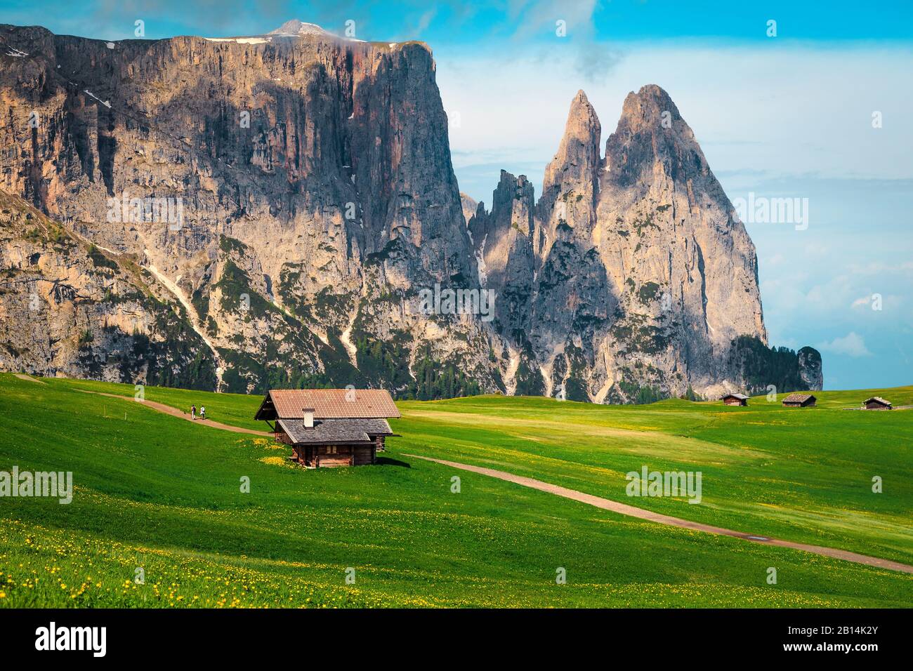 Lodges en bois sur les champs verdoyants et les sentiers de randonnée spectaculaires avec de hautes falaises en arrière-plan, Alpe di Siusi montagne Resort, Dolomites, Ital Banque D'Images