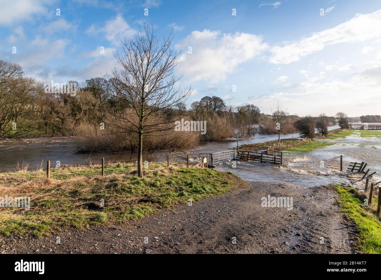 Sentier inondé le long de la rivière Ure à Wensley dans le Yorkshire du Nord Banque D'Images