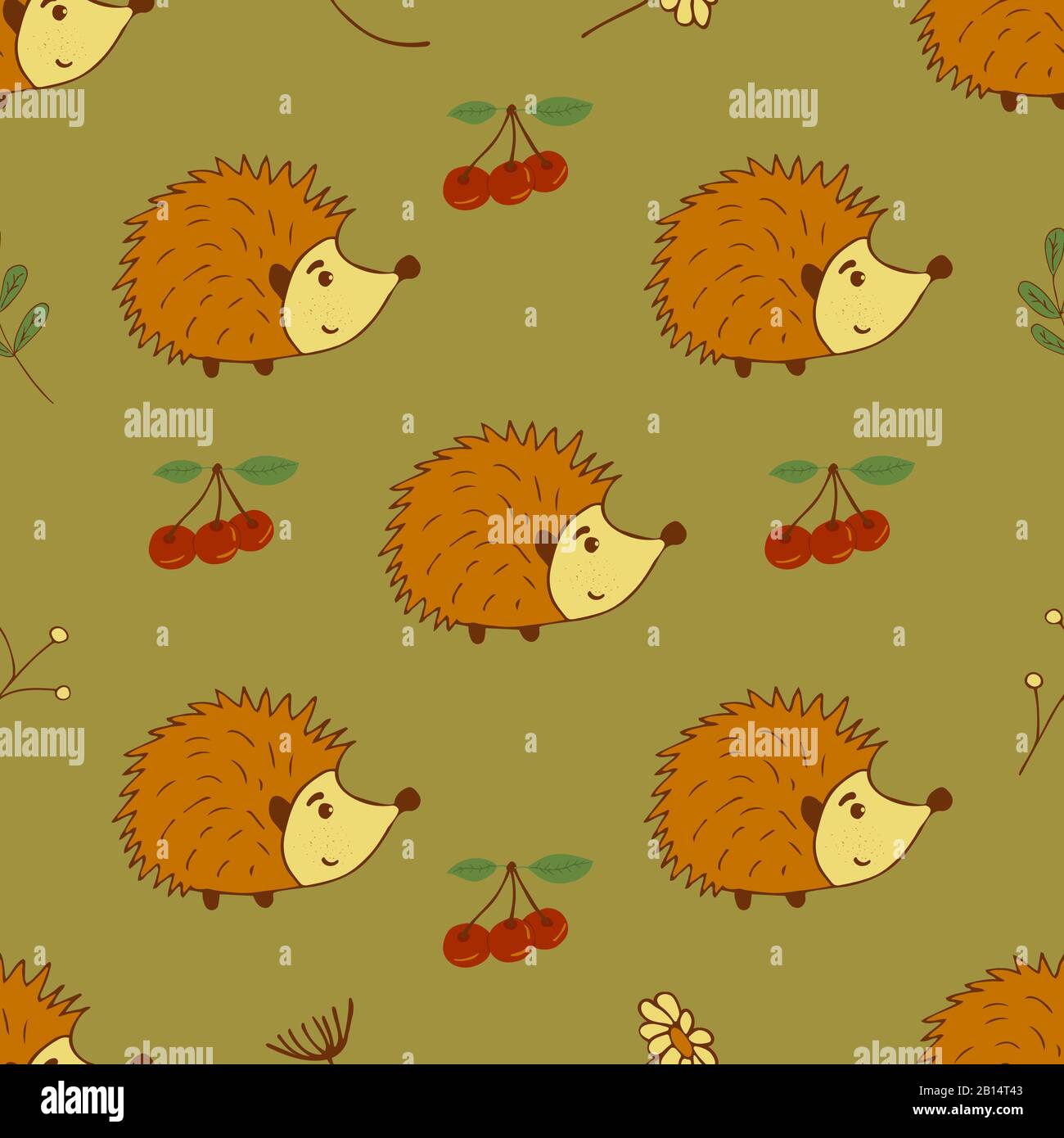 Motif sans couture avec de jolis hérissons, des baies de cerise, des brindilles et des fleurs. Illustration colorée. Convient comme emballage, impression, tissu, papier Illustration de Vecteur