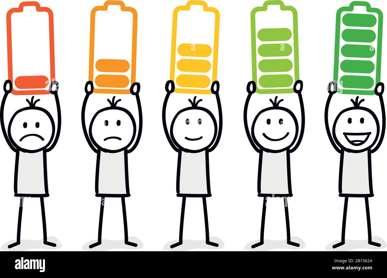 ensemble de personnes avec un niveau différent d'énergie de batterie Illustration de Vecteur