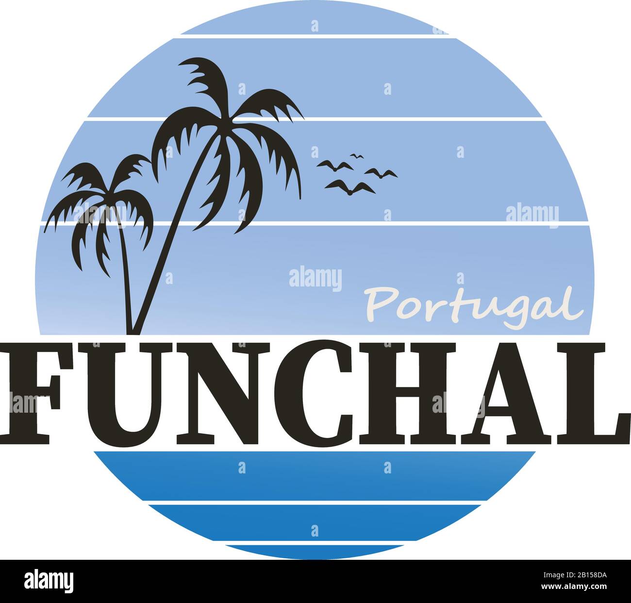 Illustration vectorielle de Funchal, nom d'une ville du Portugal, pour logotype, t-shirt, bannière, magazine, affiche, décoration, carte postale. Illustration de Vecteur