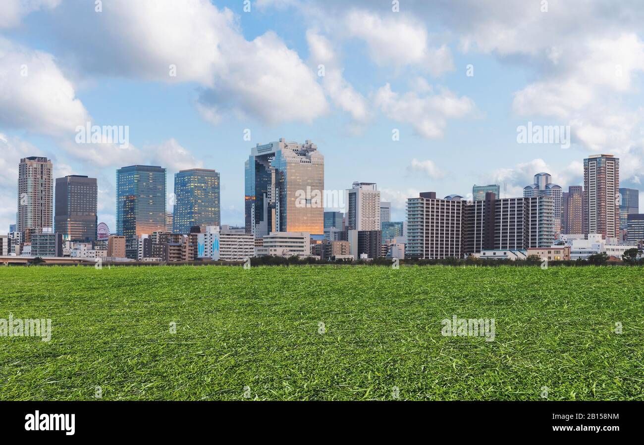 Bâtiments modernes avec herbe verte dans les parcs de la ville. Ville et bâtiment modernes respectueux de l'environnement et durables Banque D'Images