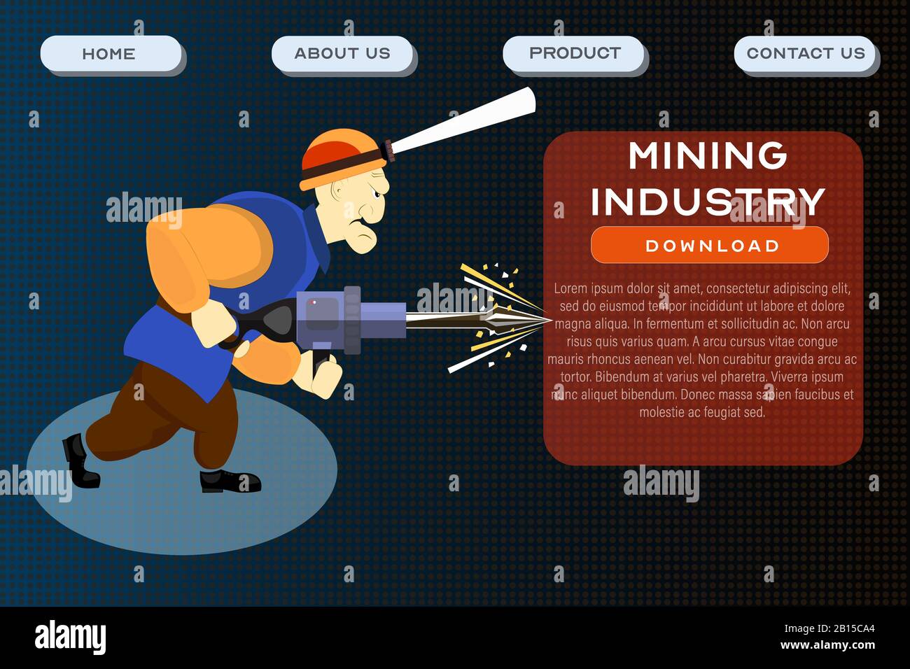 Modèle de site de l'industrie minière. Conception de l'affiche d'en-tête de développement d'applications et de logiciels. Illustration vectorielle d'un mineur travaillant avec un marteau pneumatique Illustration de Vecteur