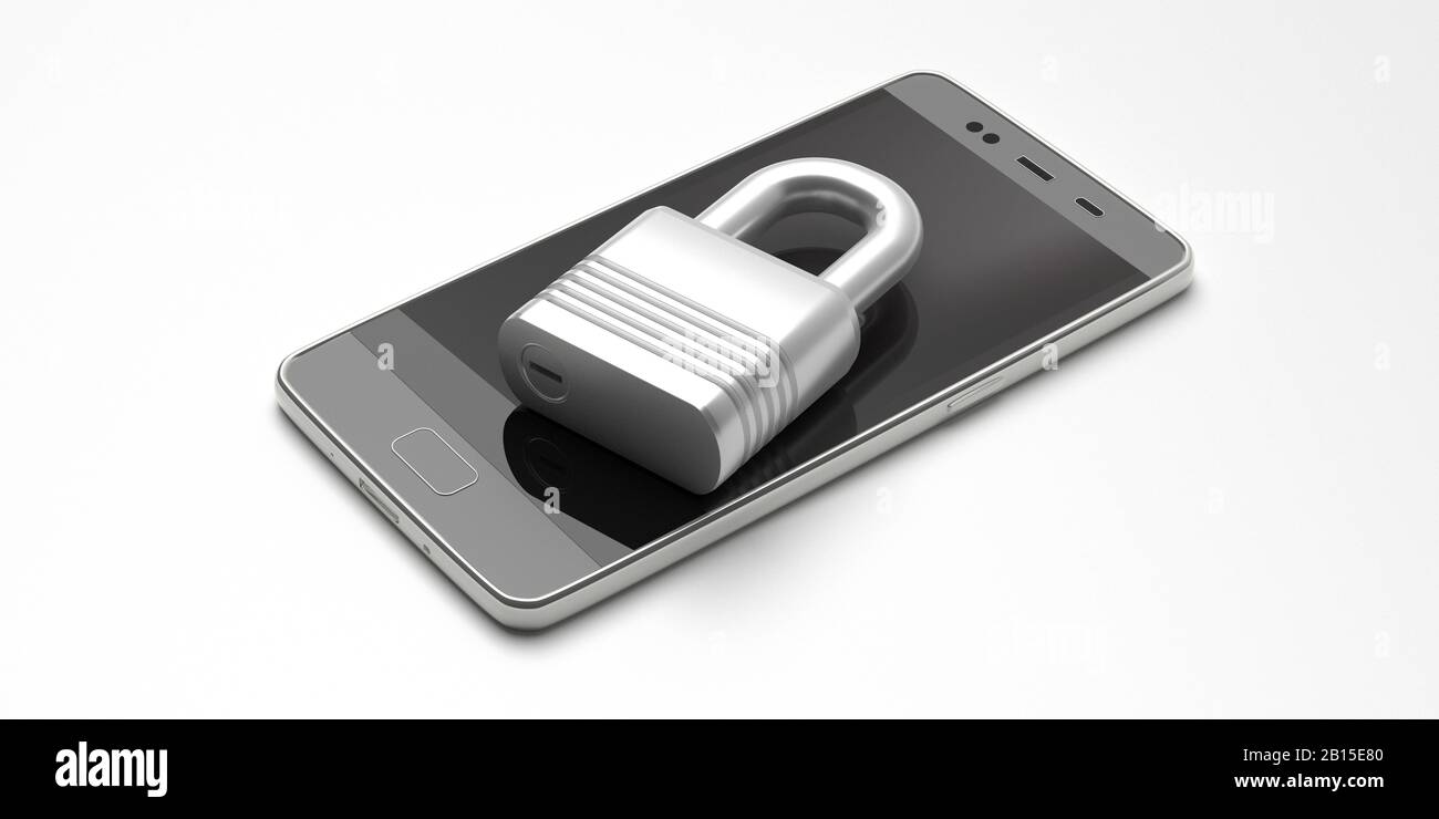 Cadenas sur un téléphone portable isolé sur fond blanc. Smartphone verrouillé, antivirus, antivol, concept de protection des données. illustration tridimensionnelle Banque D'Images