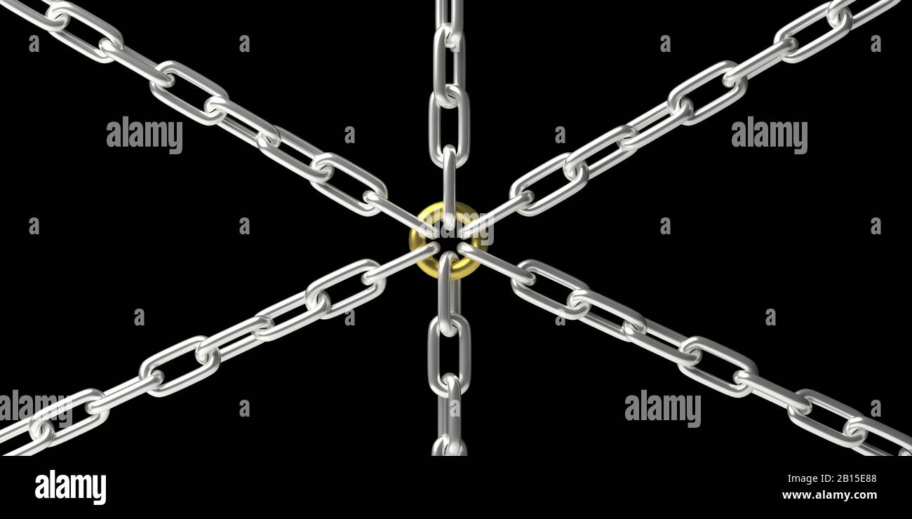 Chaînes connectées avec une découpe isolée de liaison dorée sur fond noir. Connexion réseau centrale, structure de support, organisation, travail d'équipe co Banque D'Images