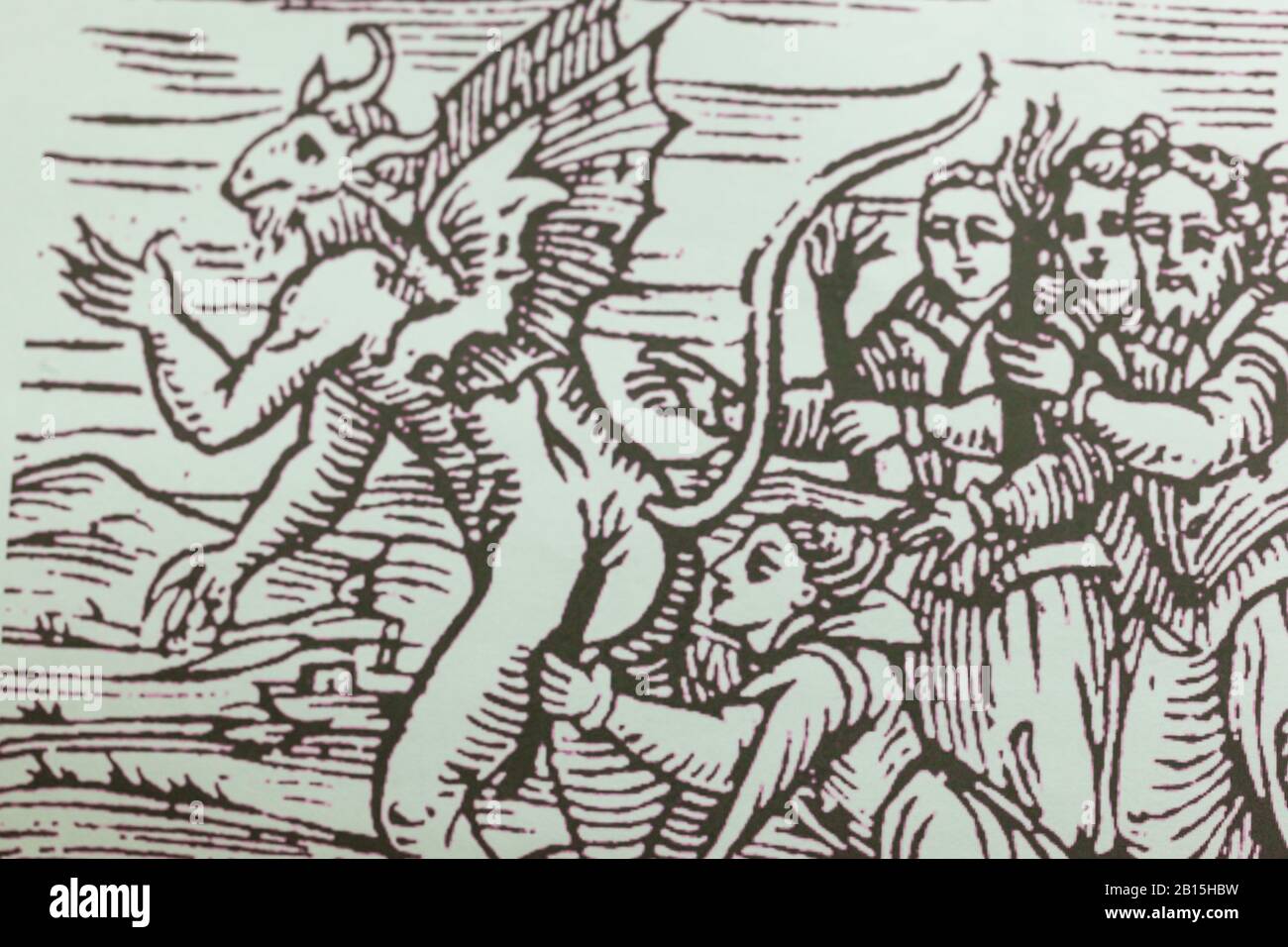 Illustration imprimée du XVe siècle Malleus Maleficarum 'The Witch Hammer' le manuel de chasse aux sorcières de la période médiévale. Copyspace Banque D'Images