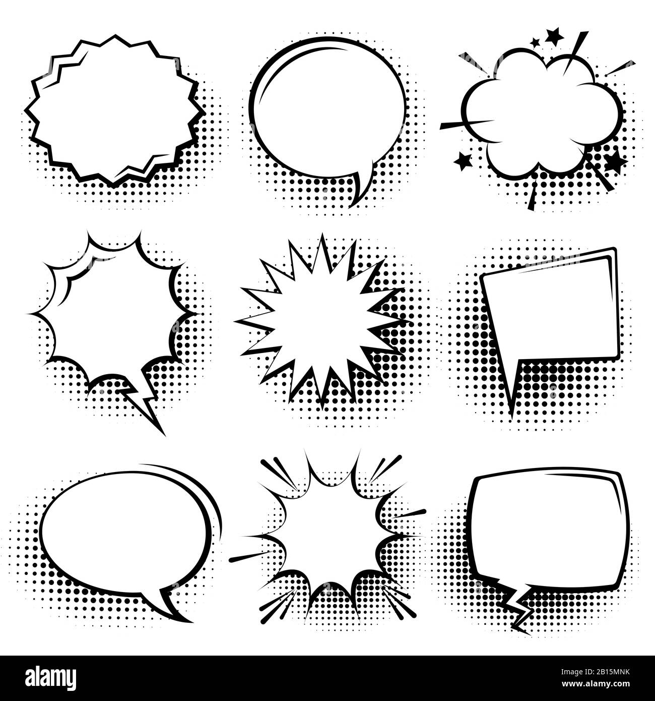 Collection de bulles de la bande dessinée vides avec des ombres de demi-teinte. Autocollants rétro dessinés à la main. Style pop art. Illustration vectorielle. Illustration de Vecteur