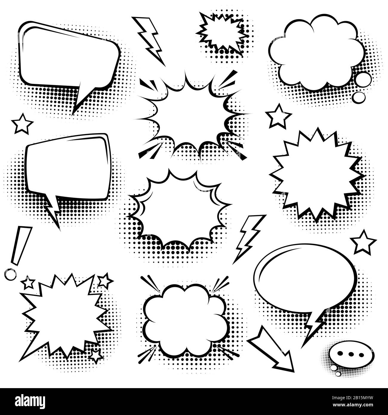 Collection de bulles de la bande dessinée vides avec des ombres de demi-teinte. Autocollants rétro dessinés à la main. Style pop art. Illustration vectorielle. Illustration de Vecteur