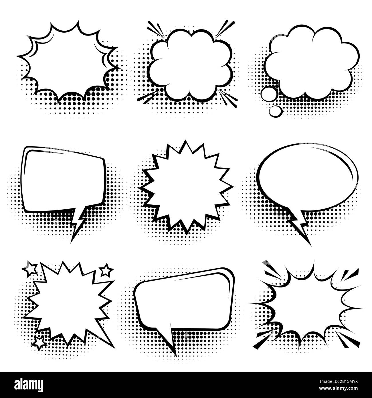 Collection de bulles de la bande dessinée vides avec des ombres de demi-teinte. Autocollants rétro dessinés à la main. Style pop art. Illustration vectorielle. Illustration de Vecteur