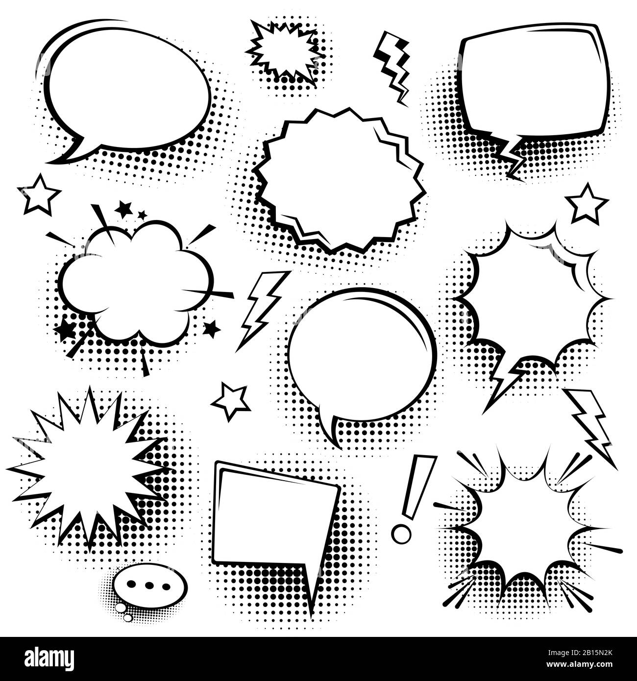 Collection de bulles de la bande dessinée vides avec des ombres de demi-teinte. Autocollants rétro dessinés à la main. Style pop art. Illustration vectorielle. Illustration de Vecteur