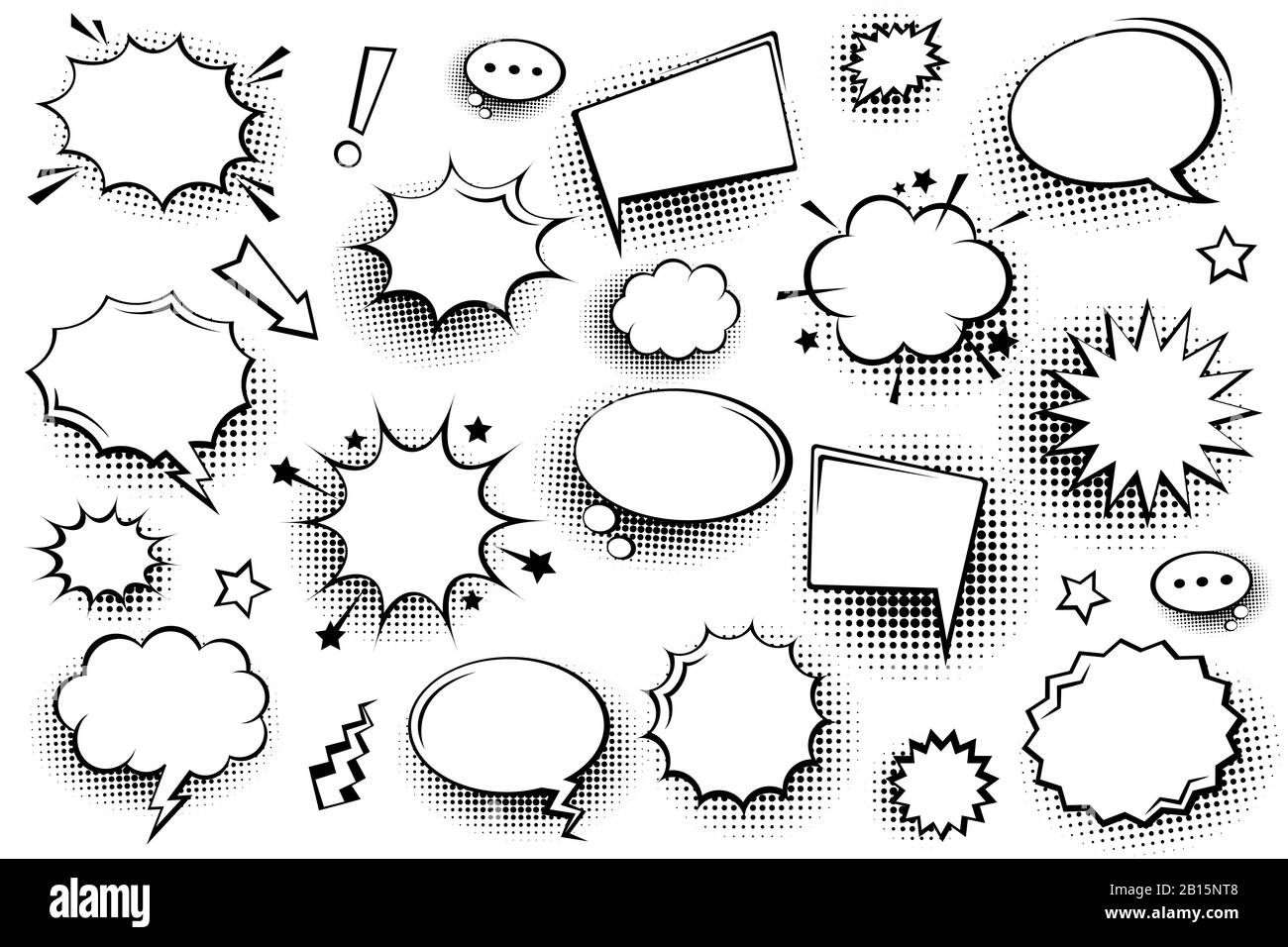 Collection de bulles de la bande dessinée vides avec des ombres de demi-teinte. Autocollants rétro dessinés à la main. Style pop art. Illustration vectorielle. Illustration de Vecteur