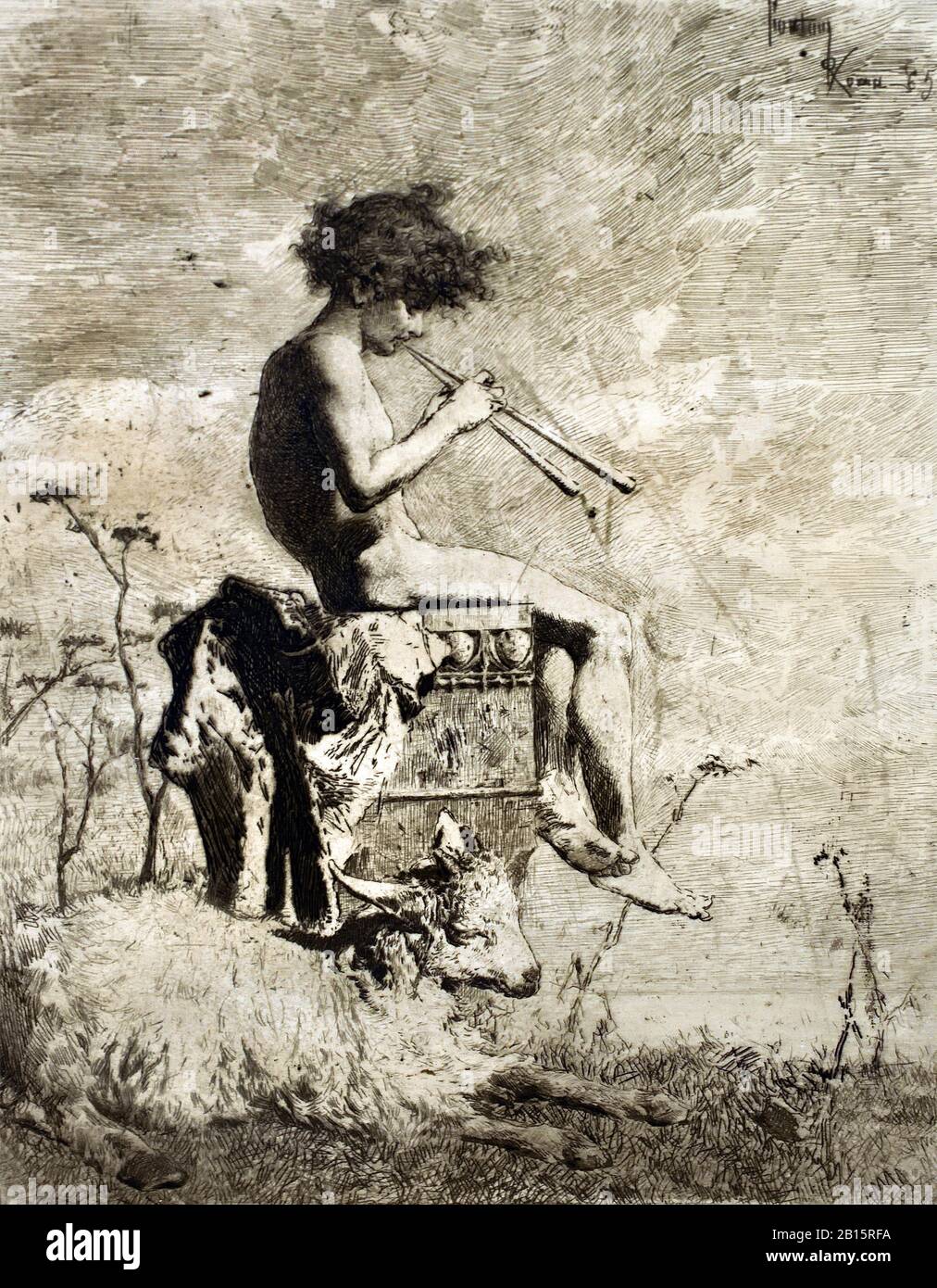 Idell, joueur de flûte, 1865 Mariano Fortuny Marshal 1838-1874, Espagne, espagnol, gravure, Etch, Banque D'Images