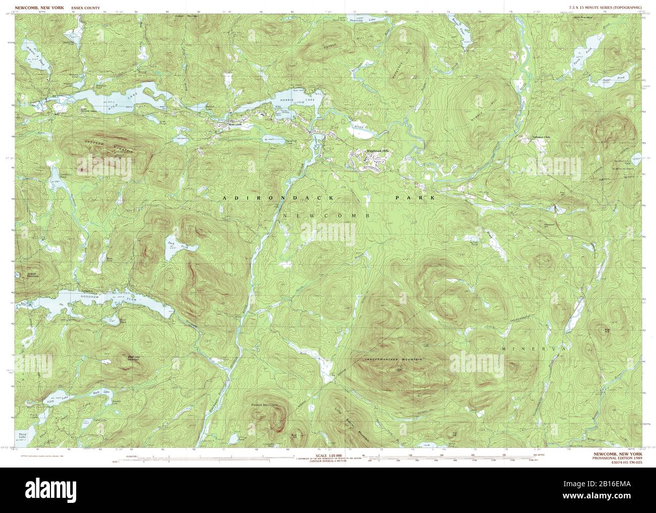 Vue très détaillée de la carte topographique de 1989 pour Newcomb, NY Banque D'Images
