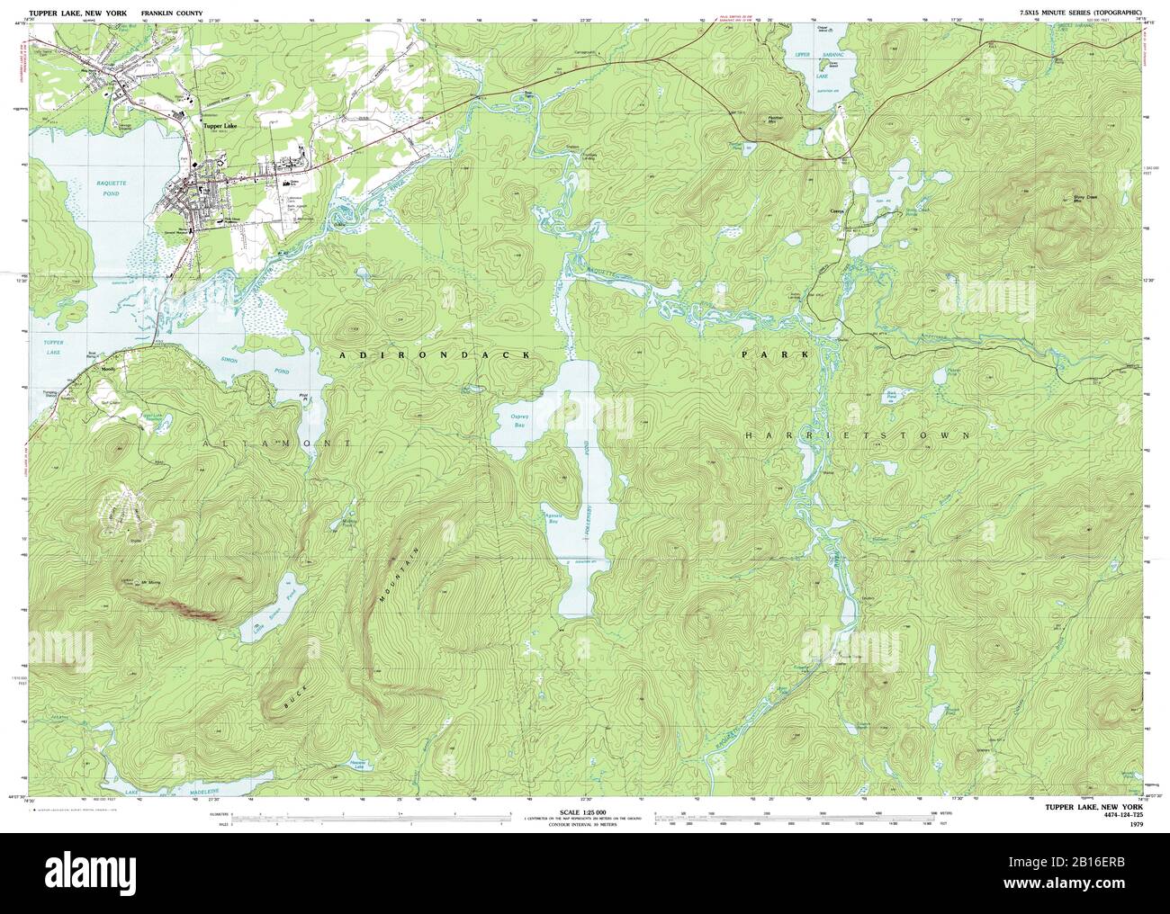 Vue très détaillée de la carte topographique de 1979 pour Tupper Lake, NY Banque D'Images