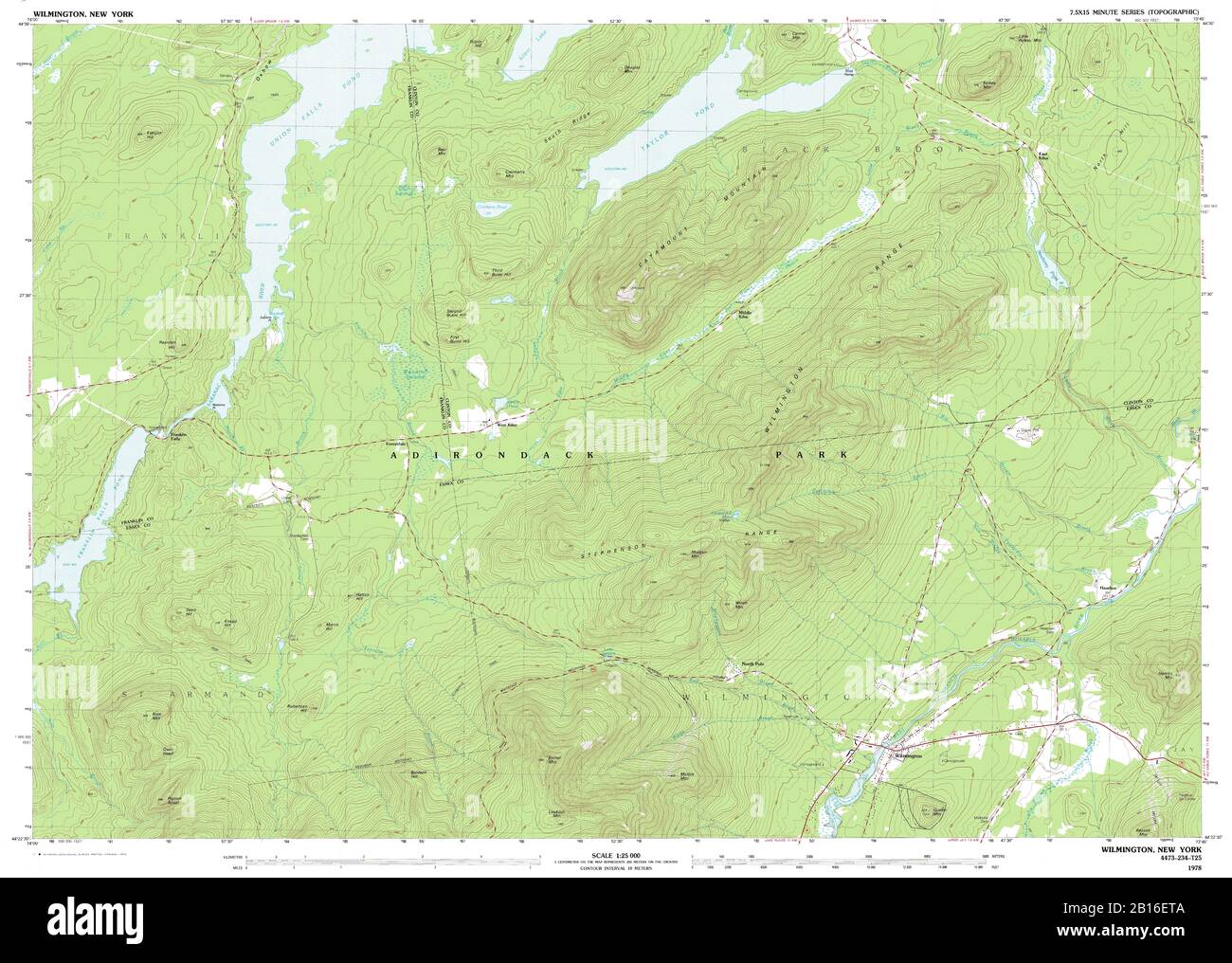 Vue très détaillée de la carte topographique de 1978 pour Wilmington, NY Banque D'Images