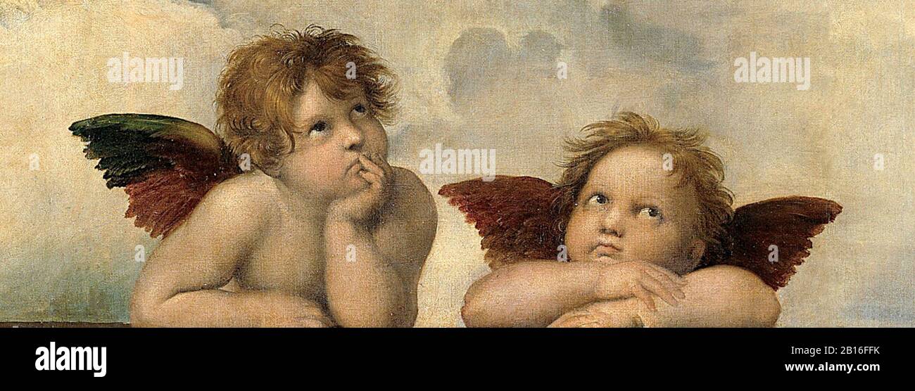 Détail - Putti (Cherubs ou Little Angels) de La Madonna Sistine (Madonna di San Sisto) (1512) peinture de Raphaël - image haute résolution / de qualité Banque D'Images