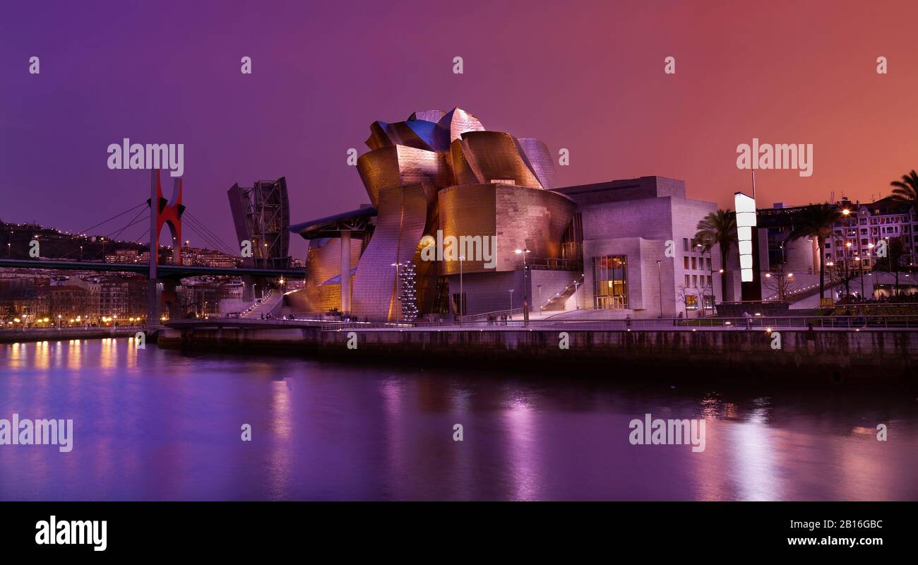 Vue nocturne du musée Guggenheim sur l'estuaire de la rivière Nervion. Bilbao, Espagne Banque D'Images