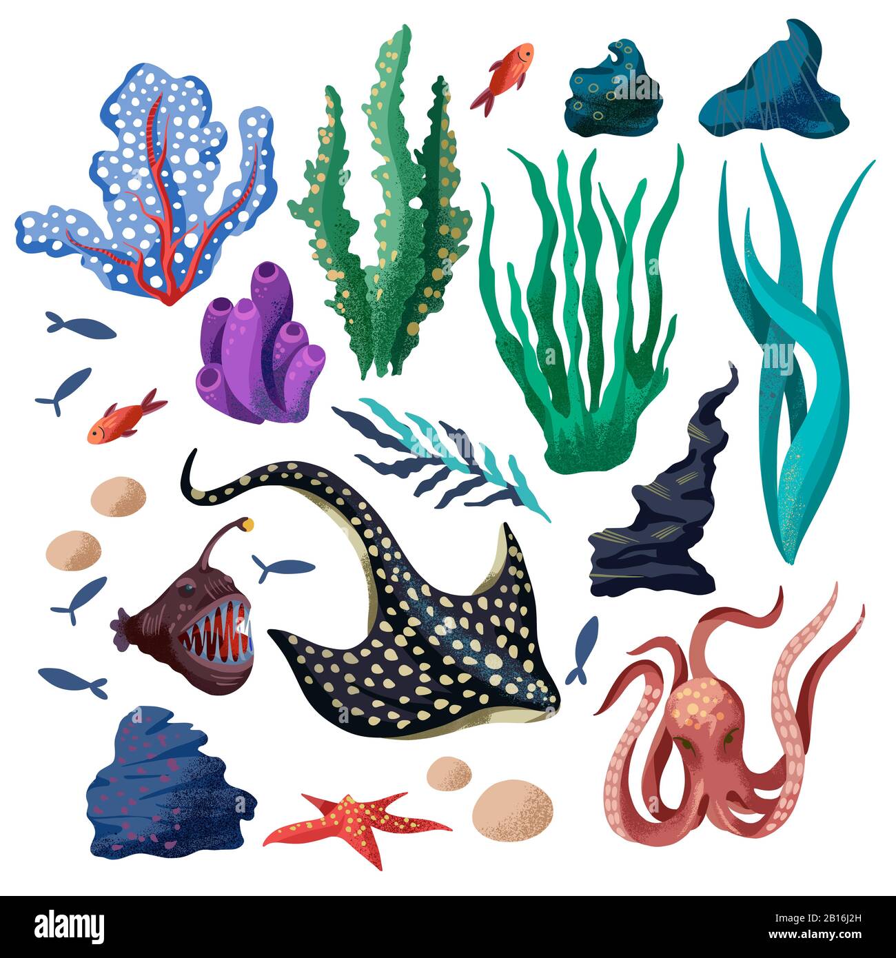 La vie marine comme la baleine, le rame de stingray, l'épaulard, l'Octopus et d'autres isolés. Illustration de Vecteur