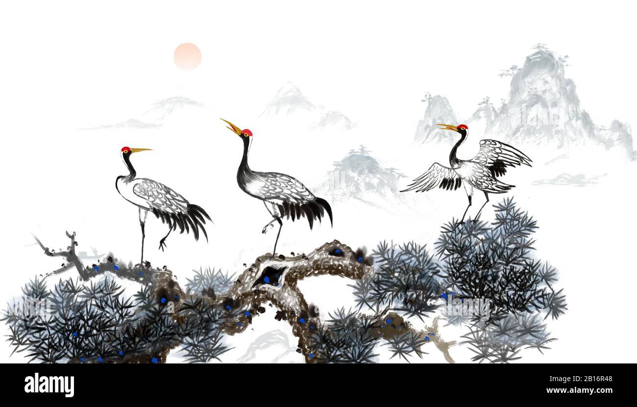 Peinture à l'encre chinoise de fin d'année à la grue de pin Banque D'Images