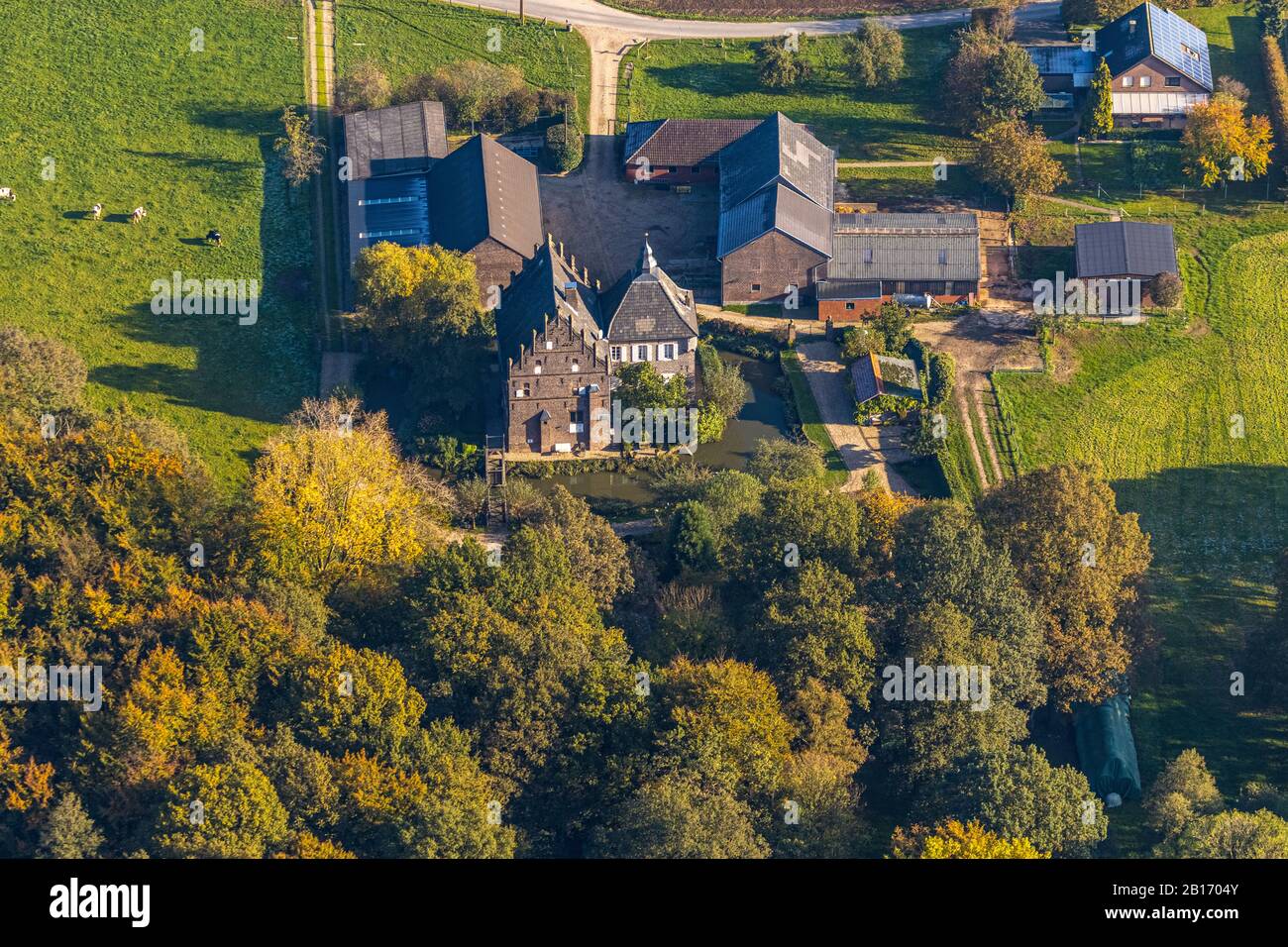 Photo aérienne, château animé, Maison Steinfunder, quartier Schmalbroich, Kempen, Bas-Rhin, Rhénanie-du-Nord-Westphalie, Allemagne, Une Haus Steinfunder, arche Banque D'Images