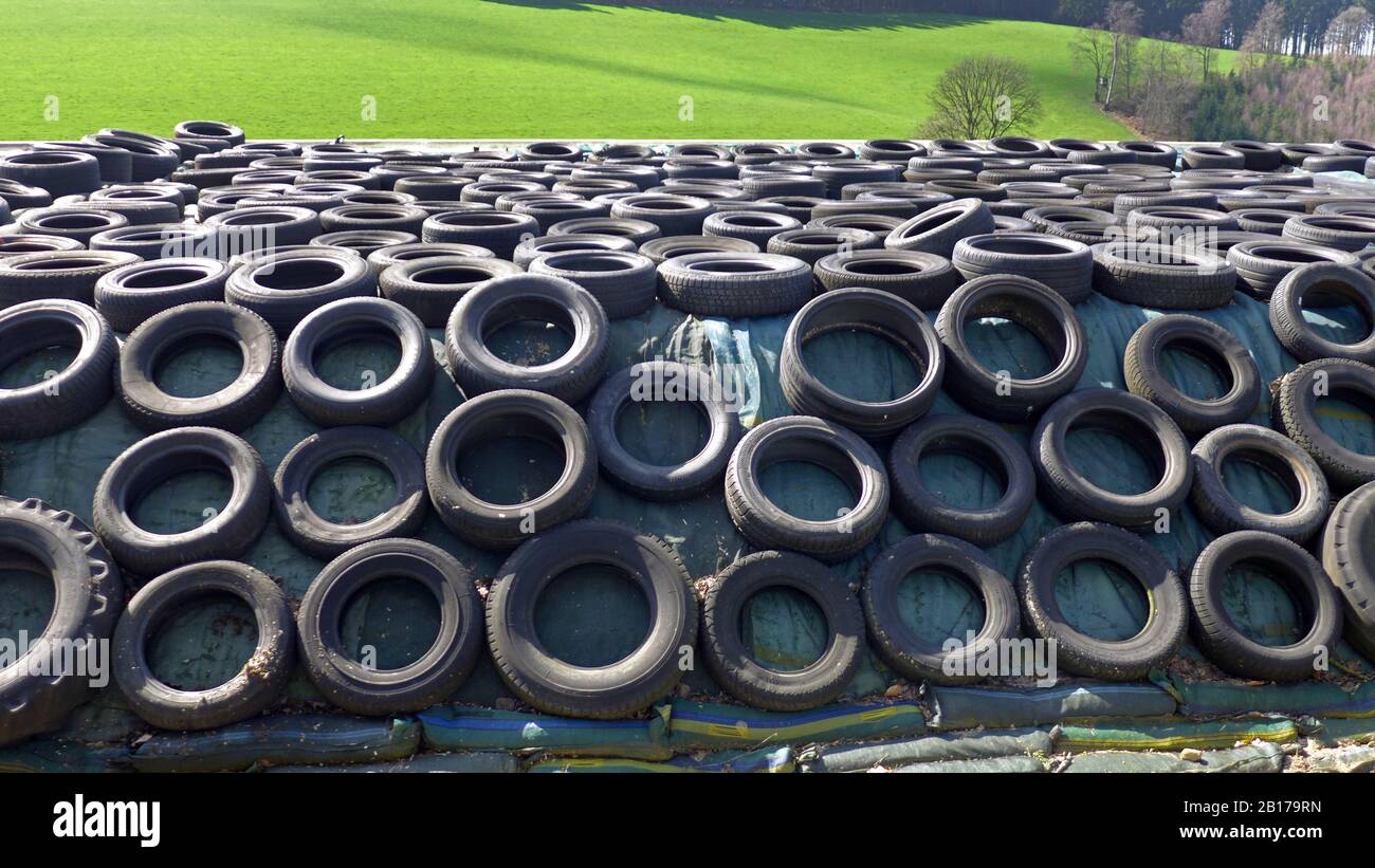 Tas d'ensilage recouvert de pneus, production d'ensilage, Allemagne Banque D'Images