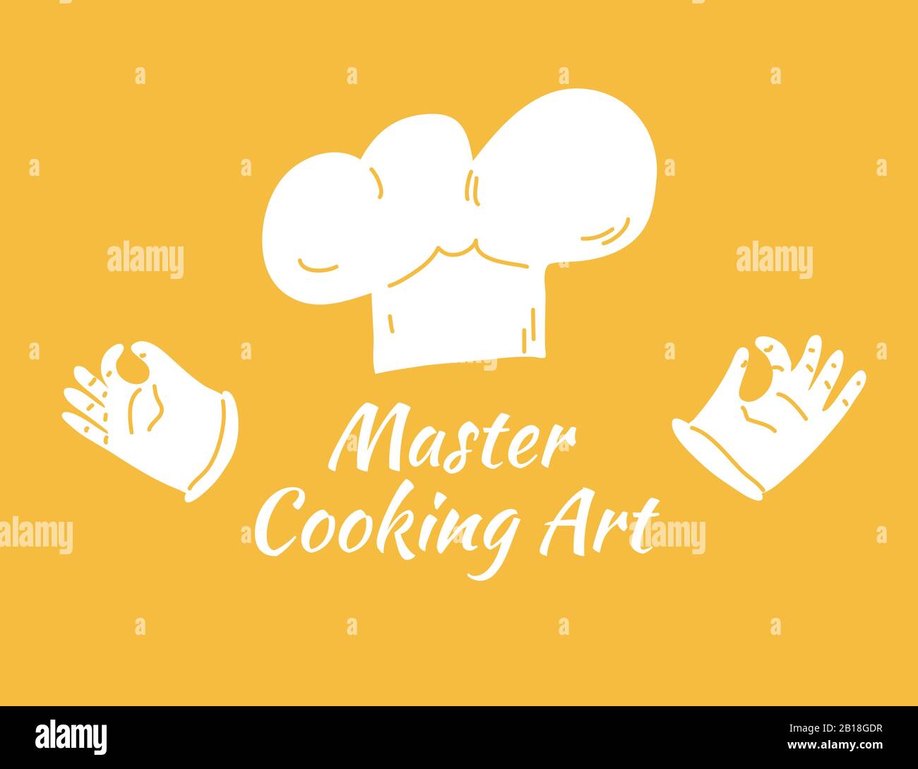 Concept de cuisson isolé sur fond sombre. Master Cooking Art lettering avec un chapeau blanc professionnel de cuisinier et des gants. Logo, panneau et cuisine éducative Illustration de Vecteur