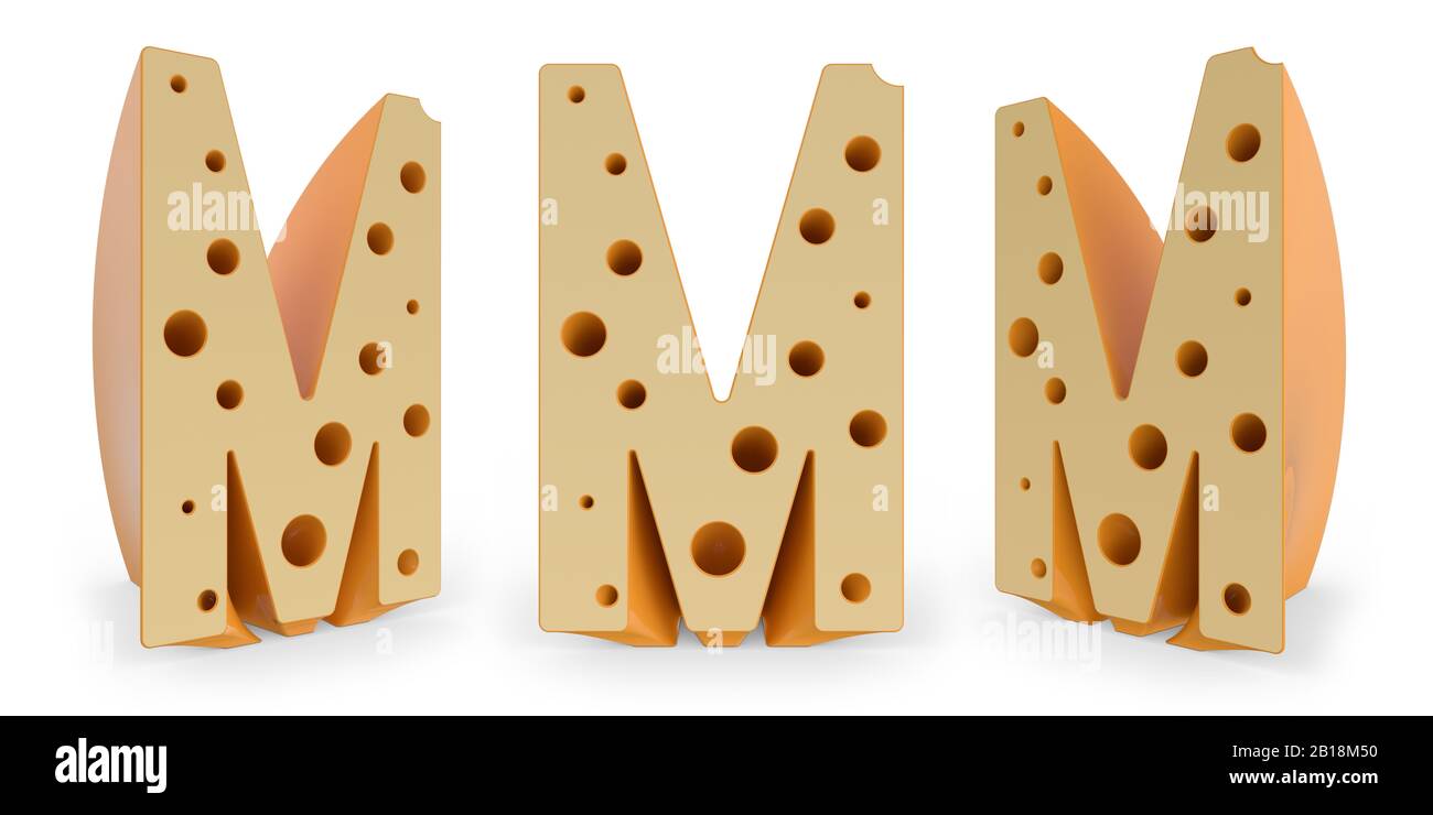 Lettre majuscule M. Majuscule. Alphabet et police au fromage. Ensemble de trois points de vue en blanc. Rendu tridimensionnel Banque D'Images