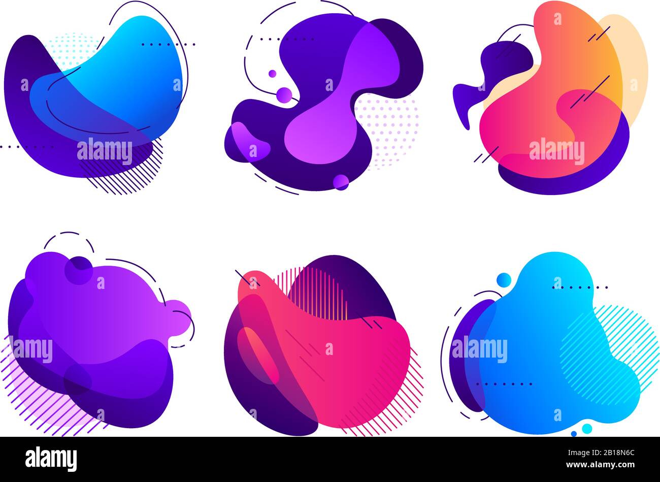 Formes abstraites colorées. Les gradients de fluide saturé sont des flux, des formes organiques avec des lignes et des motifs en pointillés des éléments d'arrière-plan vectoriels Illustration de Vecteur