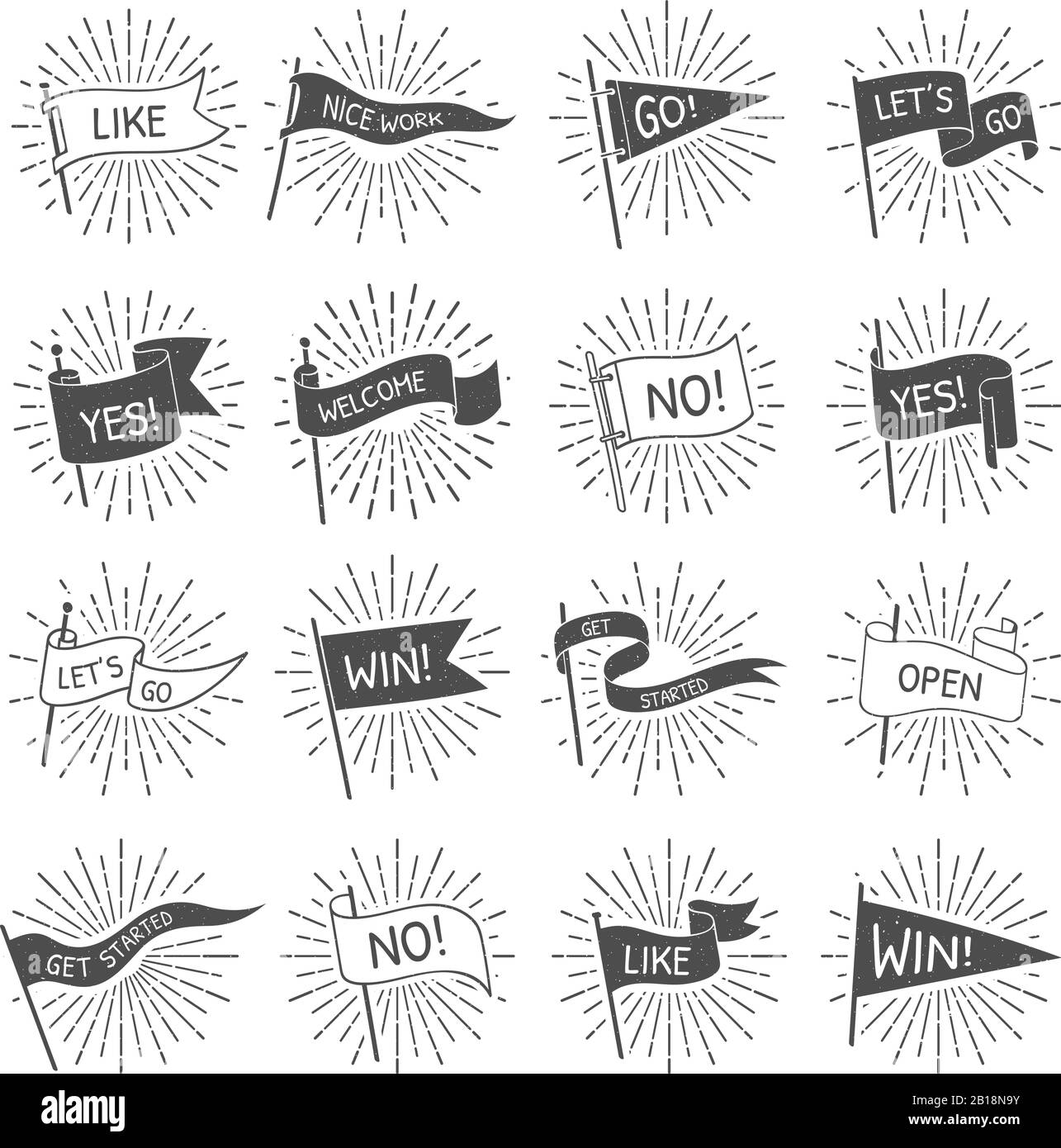 Bannière drapeau vintage. Les drapeaux rétro dessinés à la main sont les bienvenus, allons et commencez à faire défiler des bannières avec des rayons de starburst isolés vecteur set Illustration de Vecteur