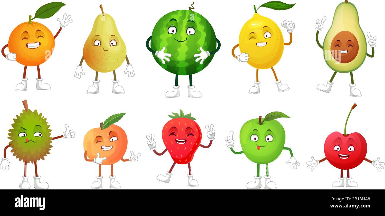 Personnage de fruit de dessin animé. Heureux fruits mascotte drôle durian, sourire pomme et poire. Kit d'illustrations vectorielles pour des aliments frais sains Illustration de Vecteur