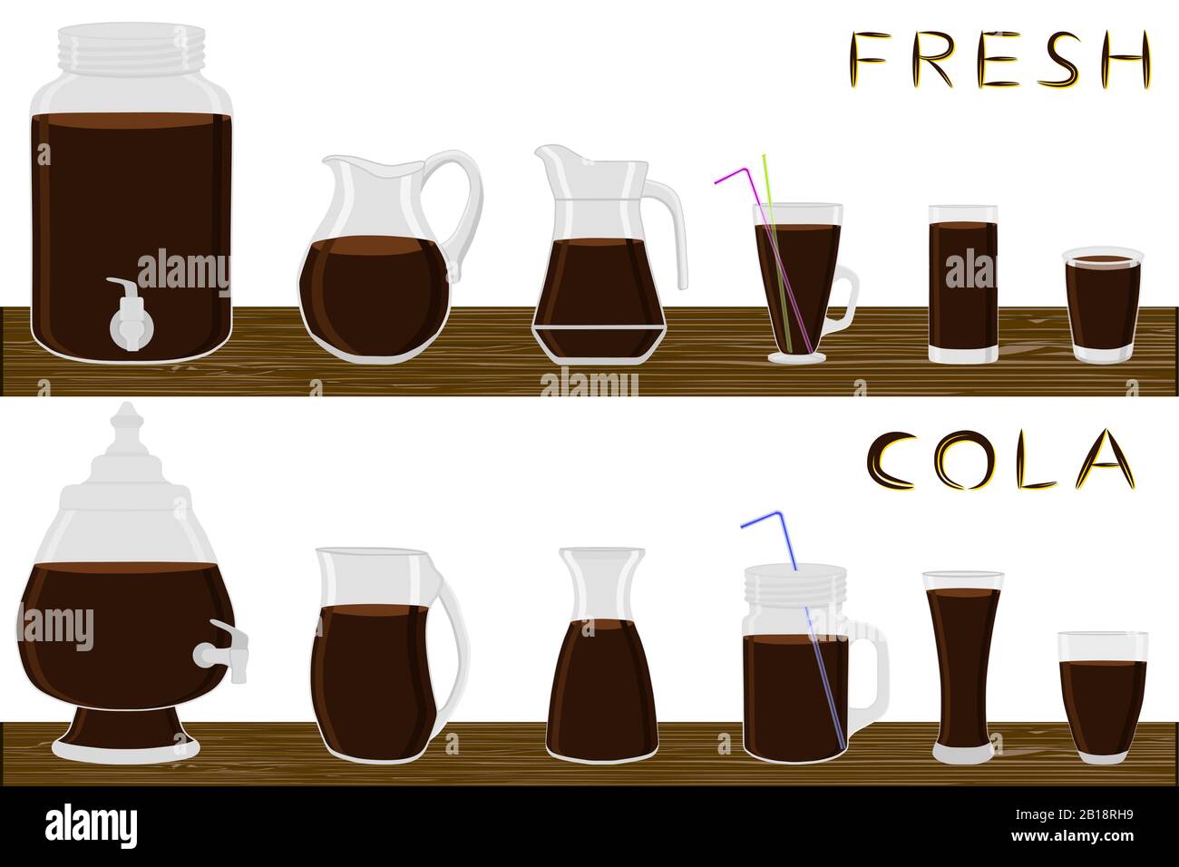 Illustration sur thème grand kit différents types de verrerie, cola dans des tasses de différentes tailles. Articles de verrerie composés de cruches en matières plastiques organiques pour le cola liquide. Cruches Illustration de Vecteur