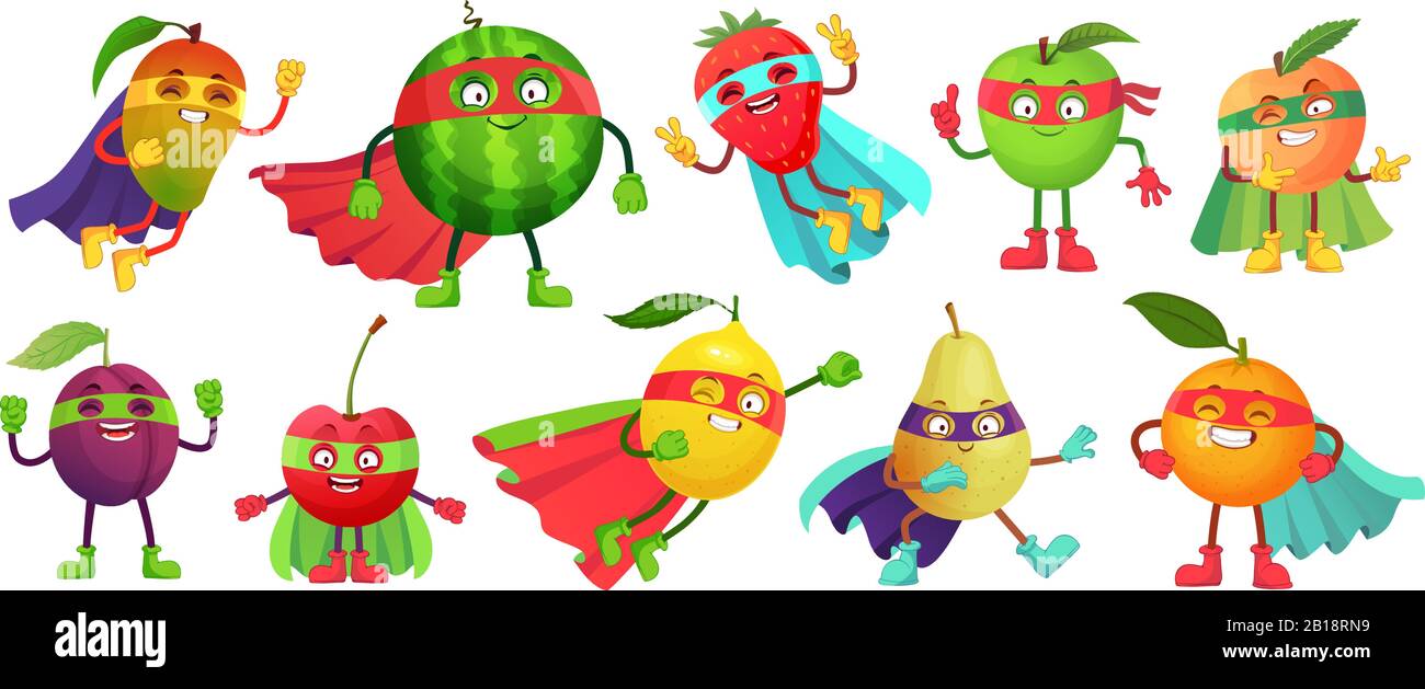 Fruit super-héros. Super pomme, baies et orange en costume de costume de costume de cloak de héros. Jardin super héros alimentation saine dessin animé scénario jeu d'illustrations Illustration de Vecteur