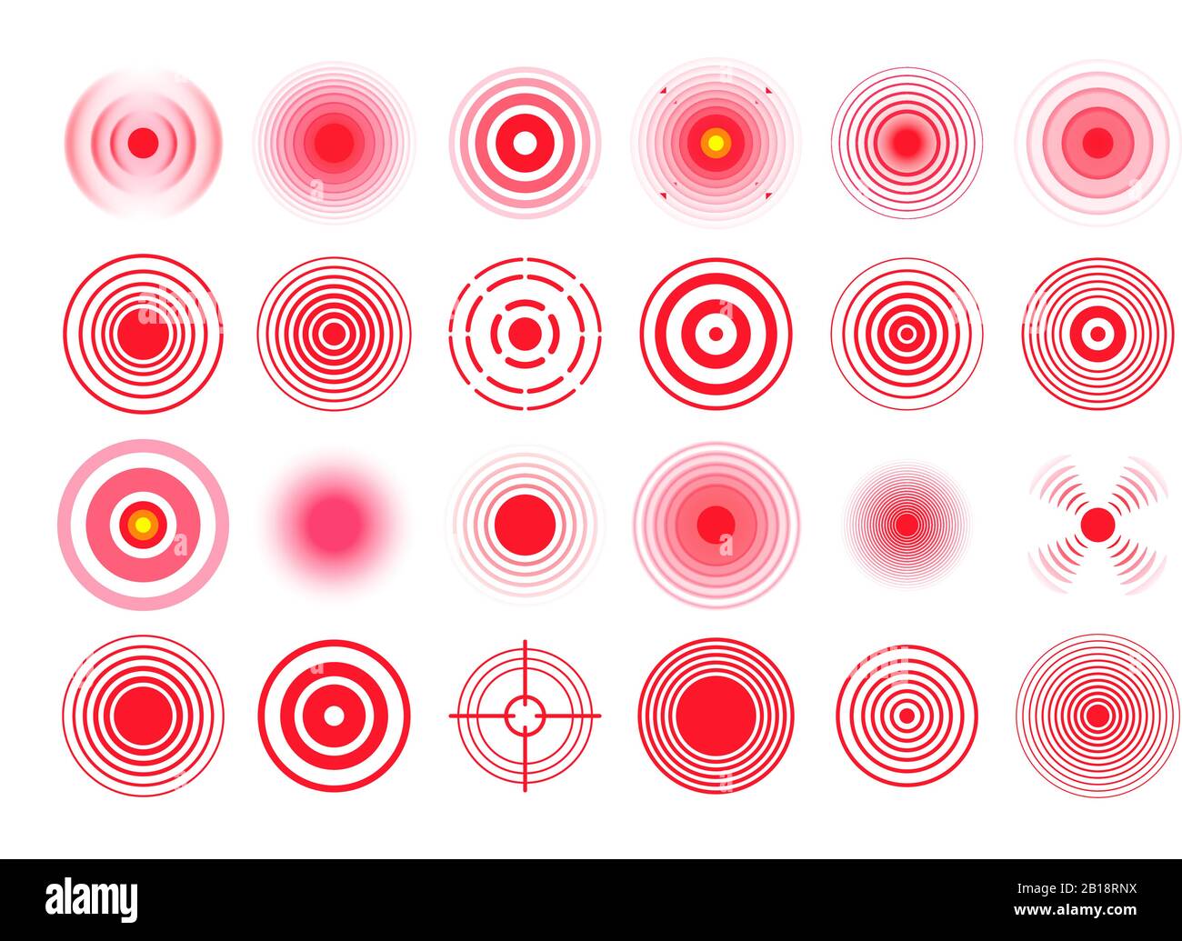 Cercle de douleur rouge. La marque cible douloureuse, les cercles de la zone de douleur et le traitement mal de gorge remède ensemble vectoriel isolé Illustration de Vecteur