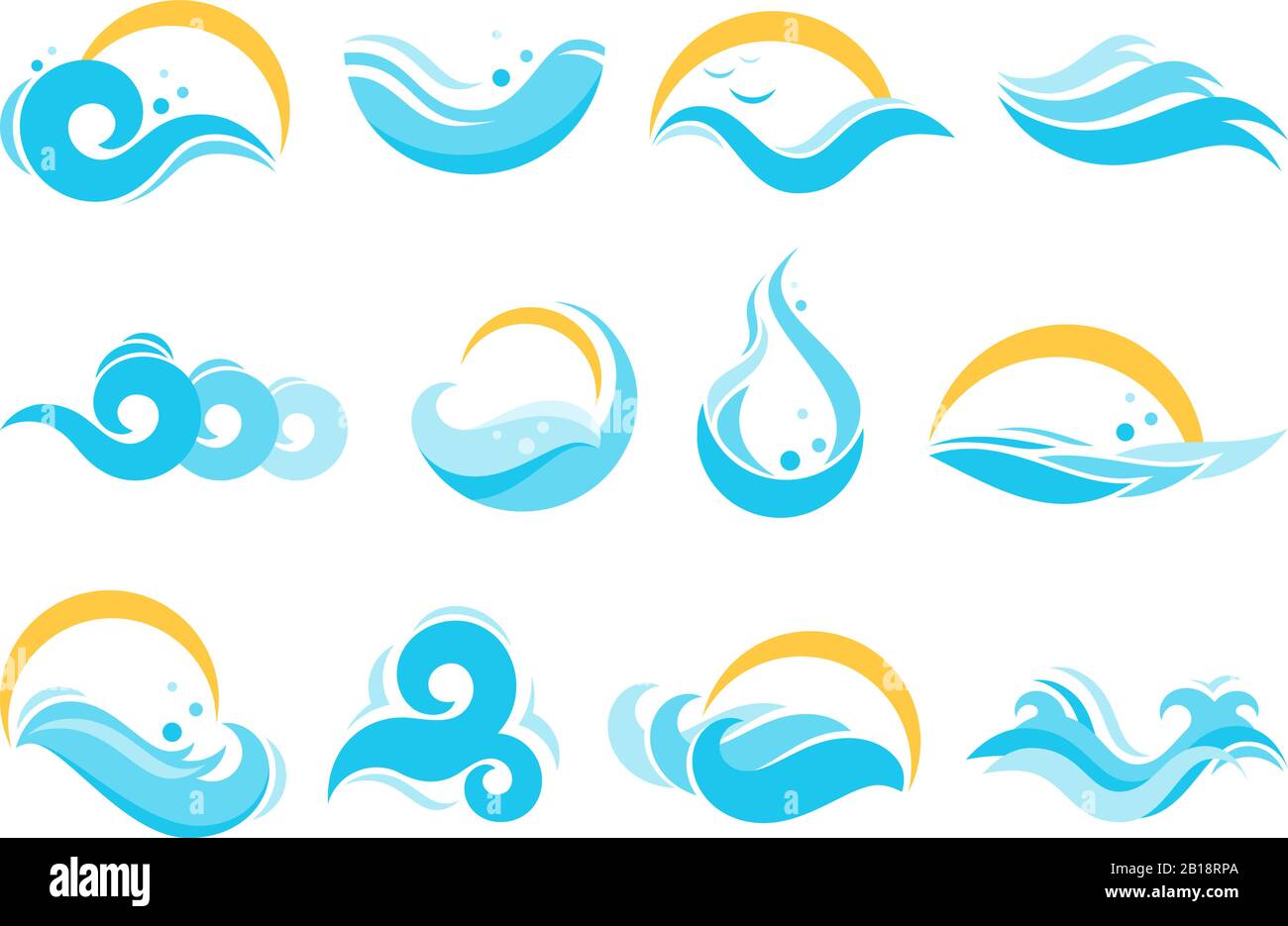 Icônes de l'eau de mer. Vagues de l'océan, agua splash et rivière bleue vague. Eaux du lac, jeu d'illustrations vectorielles isolées de la surface d'écoulement Illustration de Vecteur