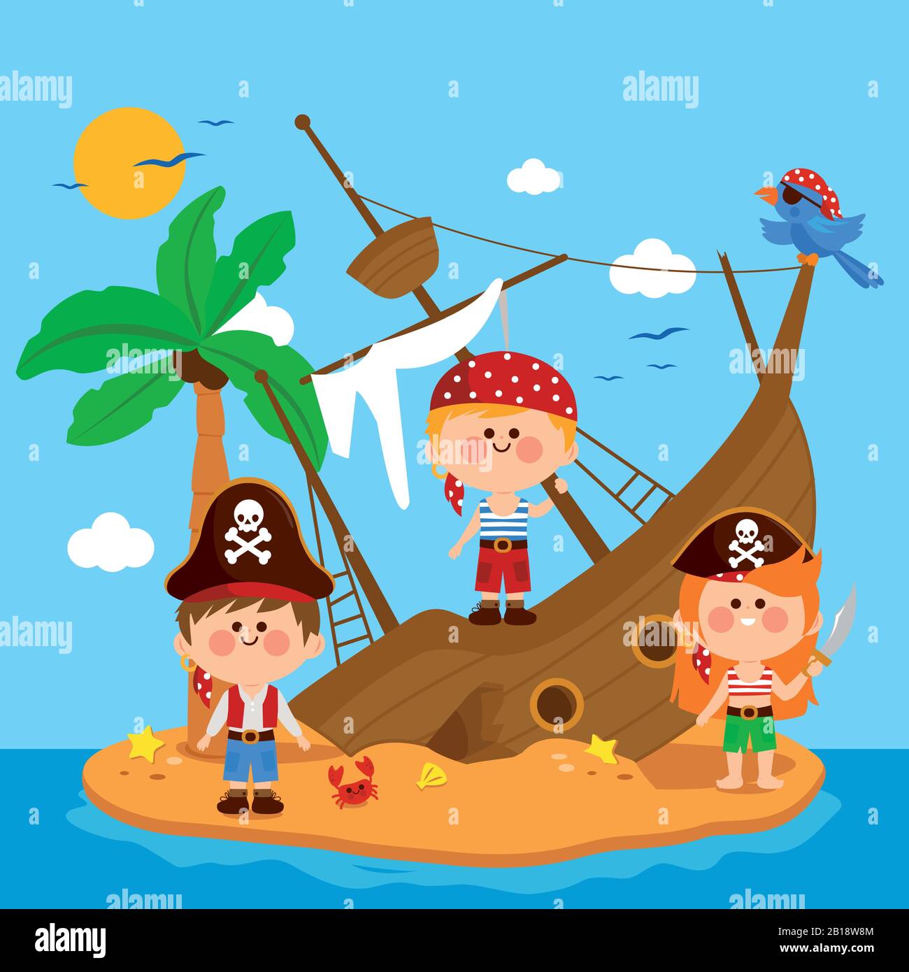 Pirates et naufrage sur une île. Illustration vectorielle Illustration de Vecteur