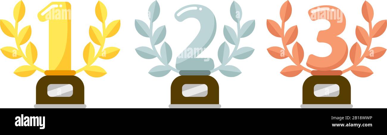 Trophées. Golden First place Cup Award, Silver laurel wreath et récompense des trophées de bronze illustration vectorielle plate Illustration de Vecteur