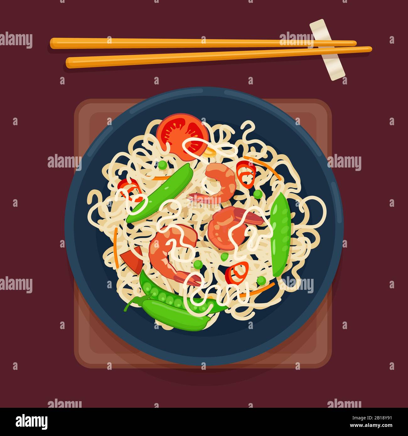 Nouilles chinoises avec légumes et crevettes. Vue de dessus Illustration de Vecteur