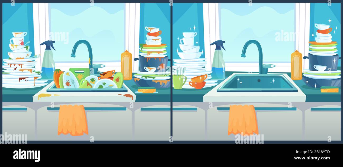 Laver la vaisselle dans l'évier. Plat sale dans la cuisine, assiettes propres et vaisselle désordonnée illustration vectorielle Illustration de Vecteur