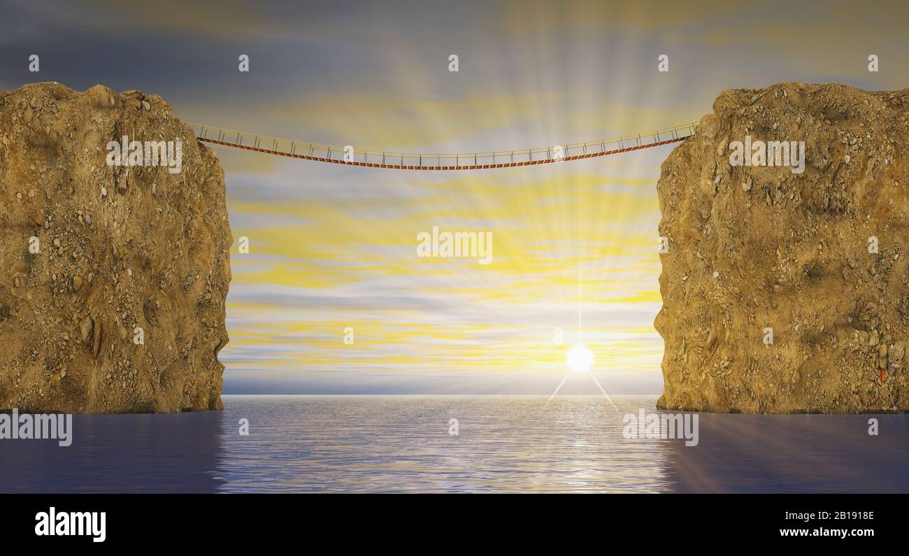 Pont suspendu entre deux rochers sur le fond du coucher du soleil de la mer. rendu tridimensionnel. Banque D'Images