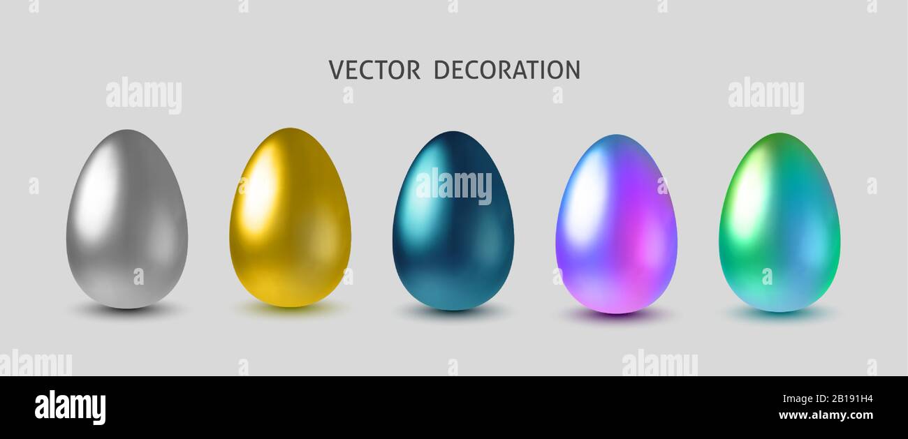 Mettez en place des œufs holographiques, dorés, bleus et argentés réalistes en relief. Modèle horizontal pour Joyeuses pâques, bannières Web, dépliants, certificats et Illustration de Vecteur