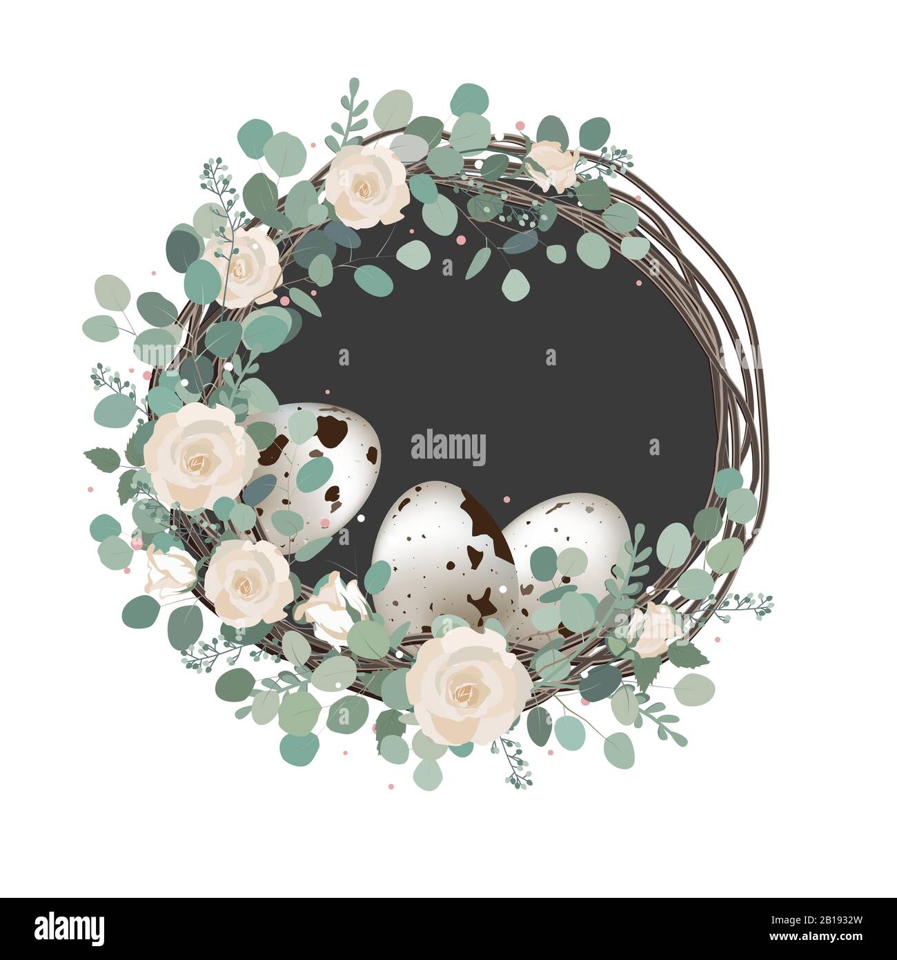 Carte vectorielle joyeuse du printemps de Pâques avec roses, branches d'eucalyptus et œufs de caille. Décor rustique vintage, blanc et maison Illustration de Vecteur