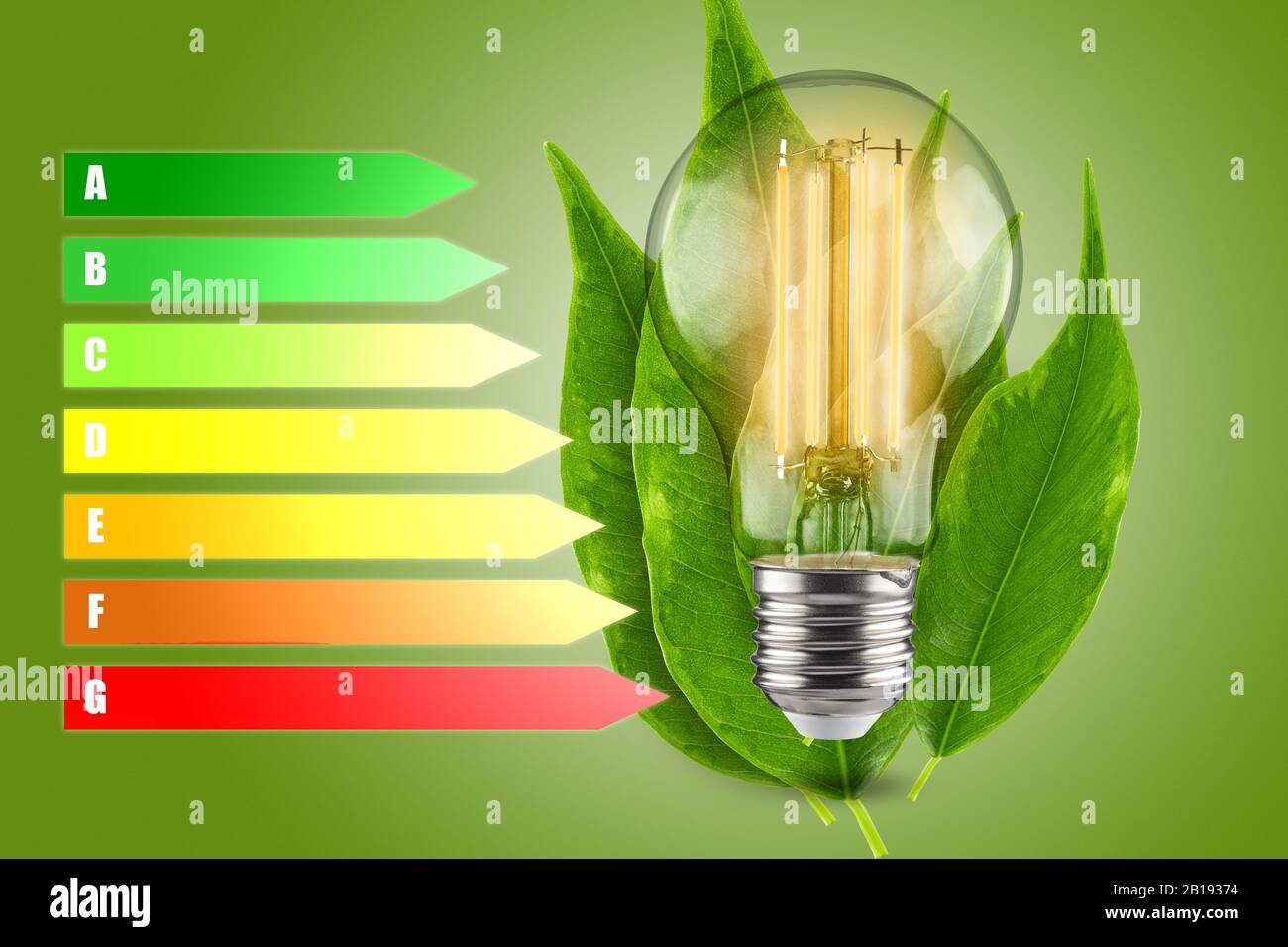Concept d'efficacité énergétique des lampes LED. Diminution de la consommation d'électricité. Feuilles vertes d'une plante en arrière-plan. Banque D'Images