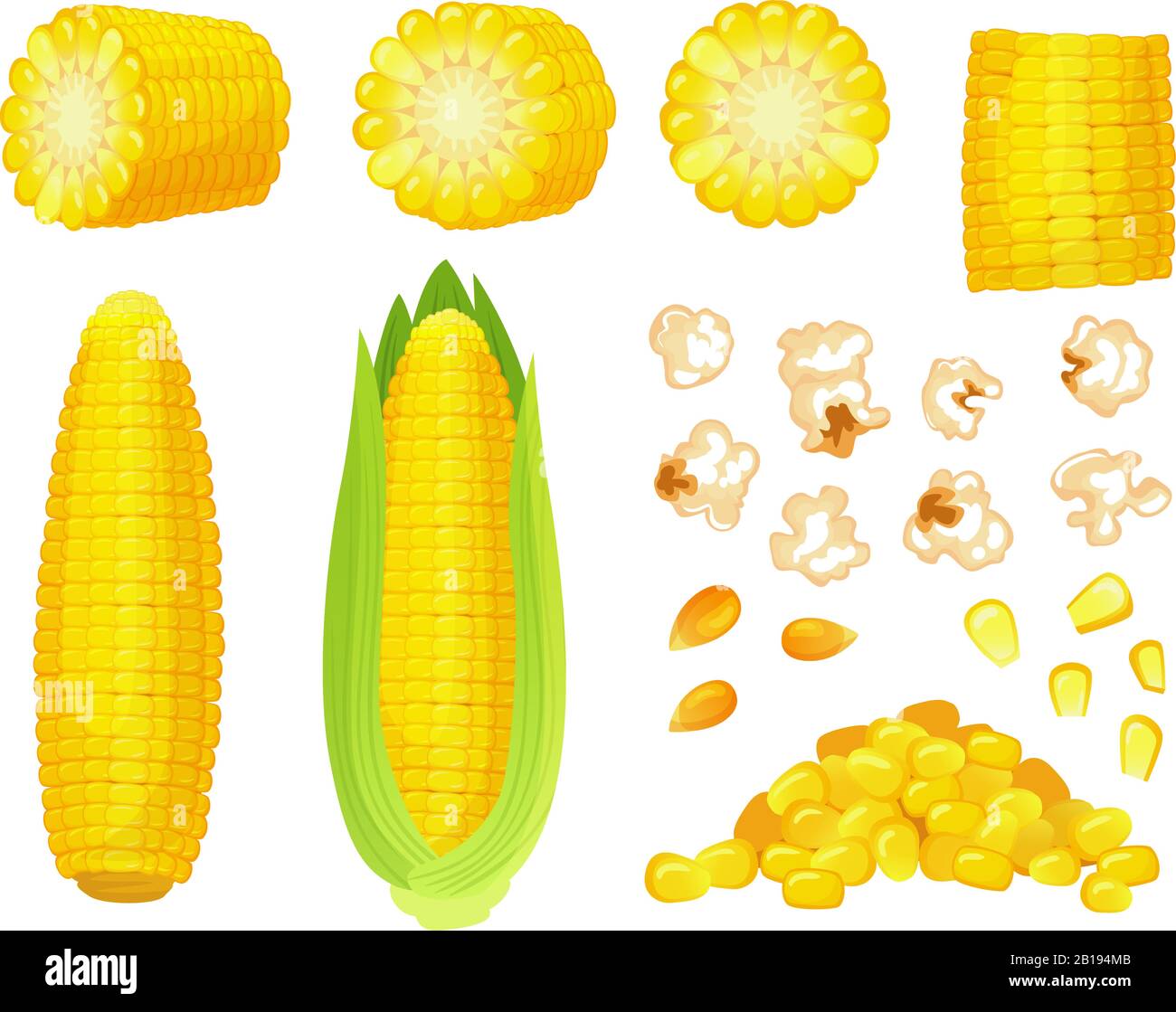 Maïs à dessin animé. Récolte de maïs doré, céréales de maïs soufflé et maïs sucré. Jeu d'illustrations vectorielles EAR of corn, Delicious légumes Illustration de Vecteur