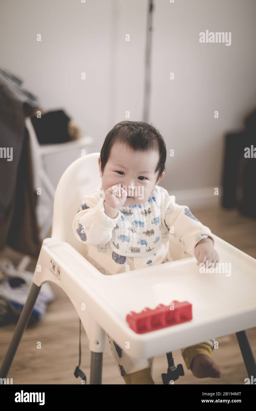 Bebe Asiatique Ayant Le Temps De Jouer Tenant Des Jouets Dans La Chaise Haute Bebe A 8 Mois Photo Stock Alamy